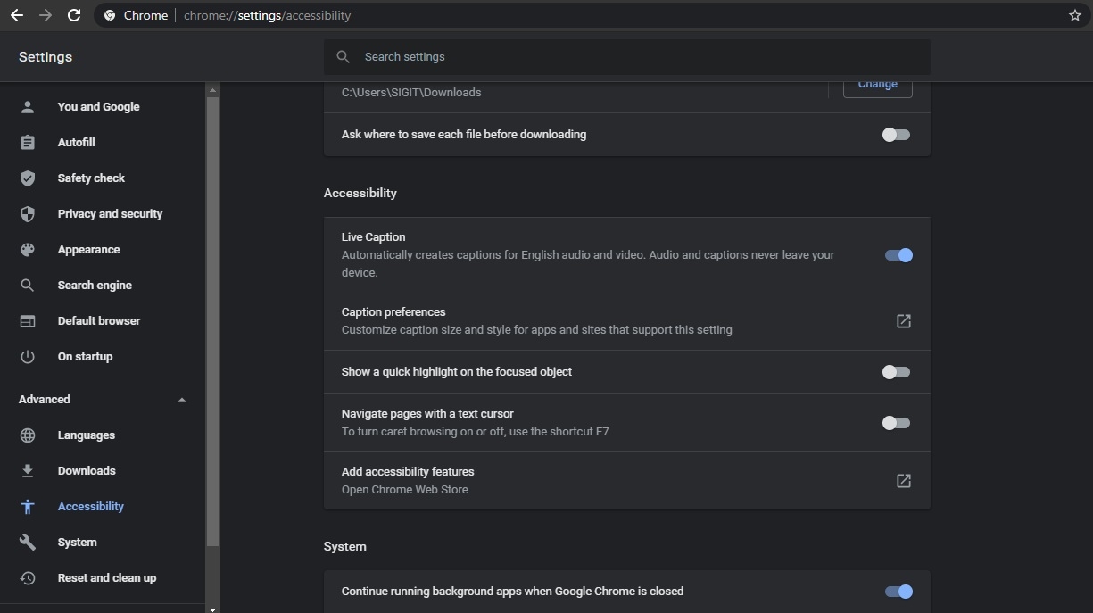 Tampilan menu Live Captions Google Chrome desktop.