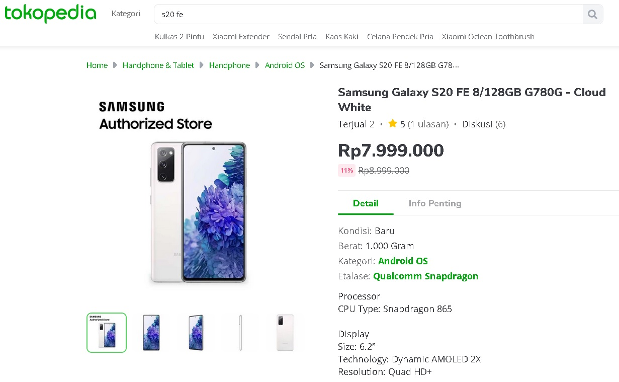 Tangkapan layar Samsung Galaxy S20 FE versi Snapdragon 865 dijual di Indonesia.