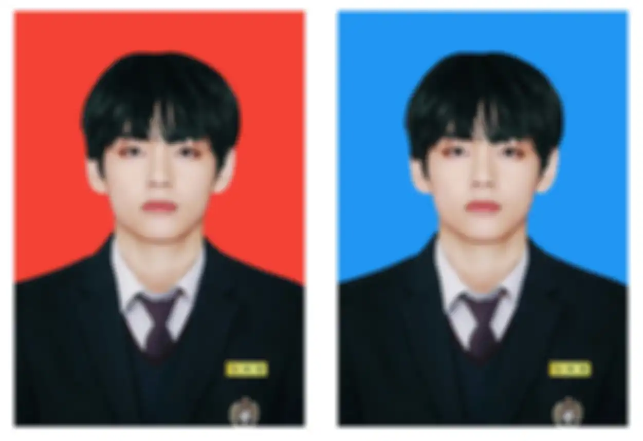 Ilustrasi hasil dan cara edit foto KTP musisi Taehyung BTS dengan background merah dan background biru. 