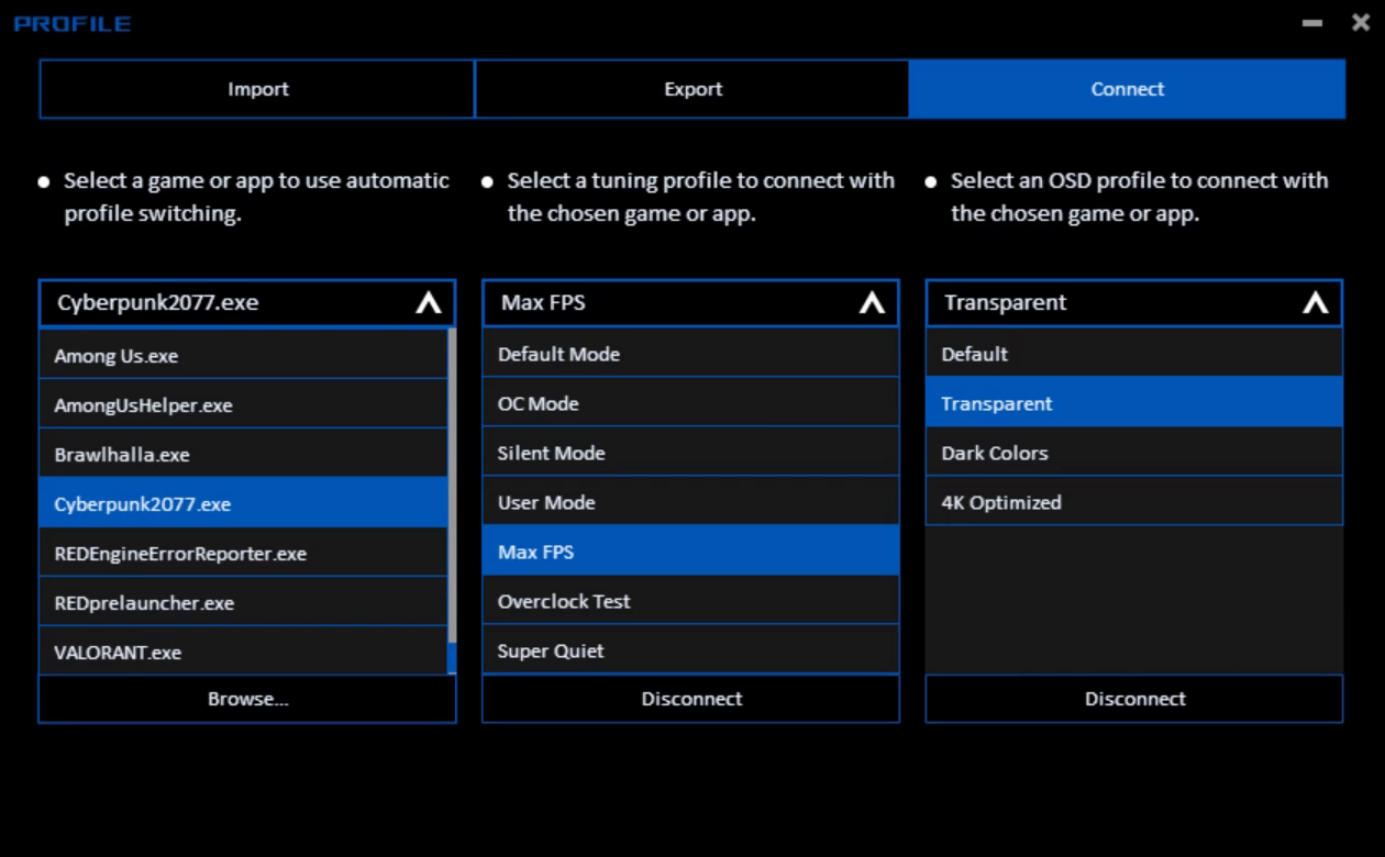 Tampilan GPU Tweak III pada tab Profile Connect