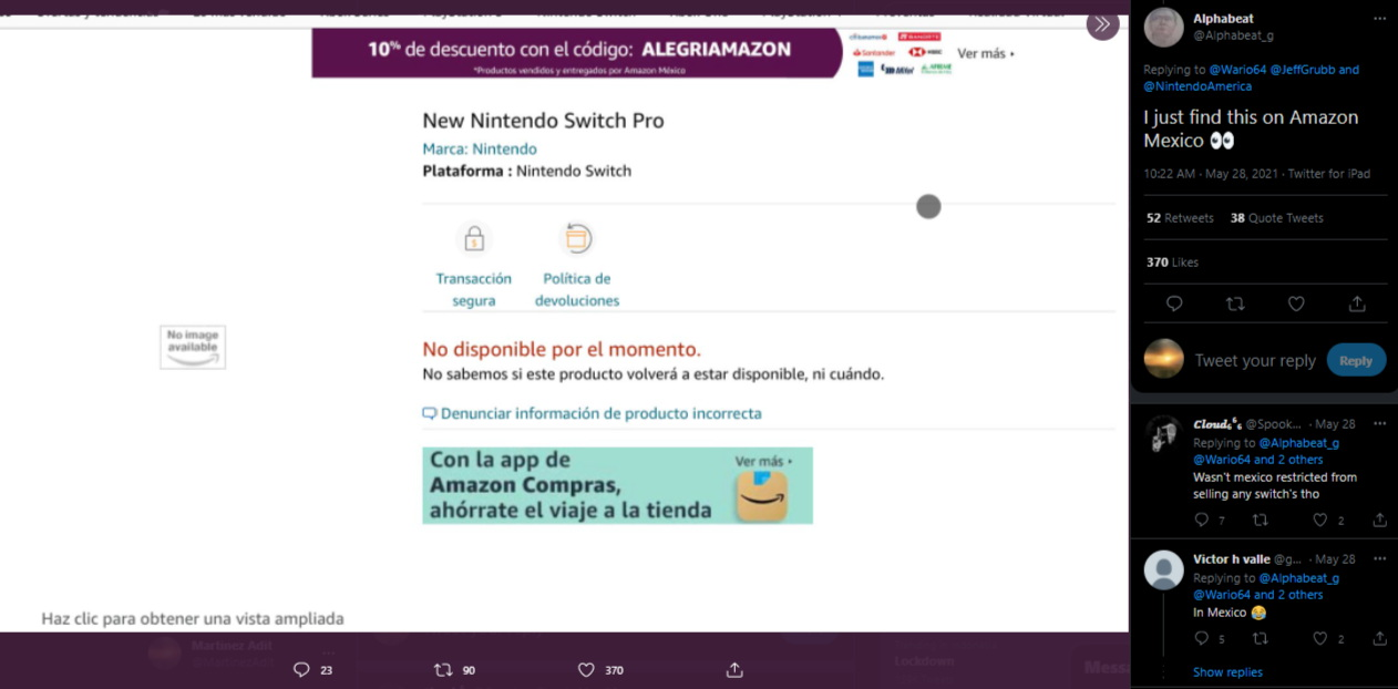 Cuitan akun Twitter @Alphabeat_g terkait eksistensi Nintendo Switch Pro di E-commerce Amazon Mexico