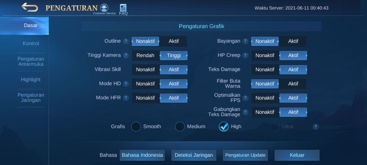 Pengaturan grafis Mobile Legends di Samsung Galaxy M62.