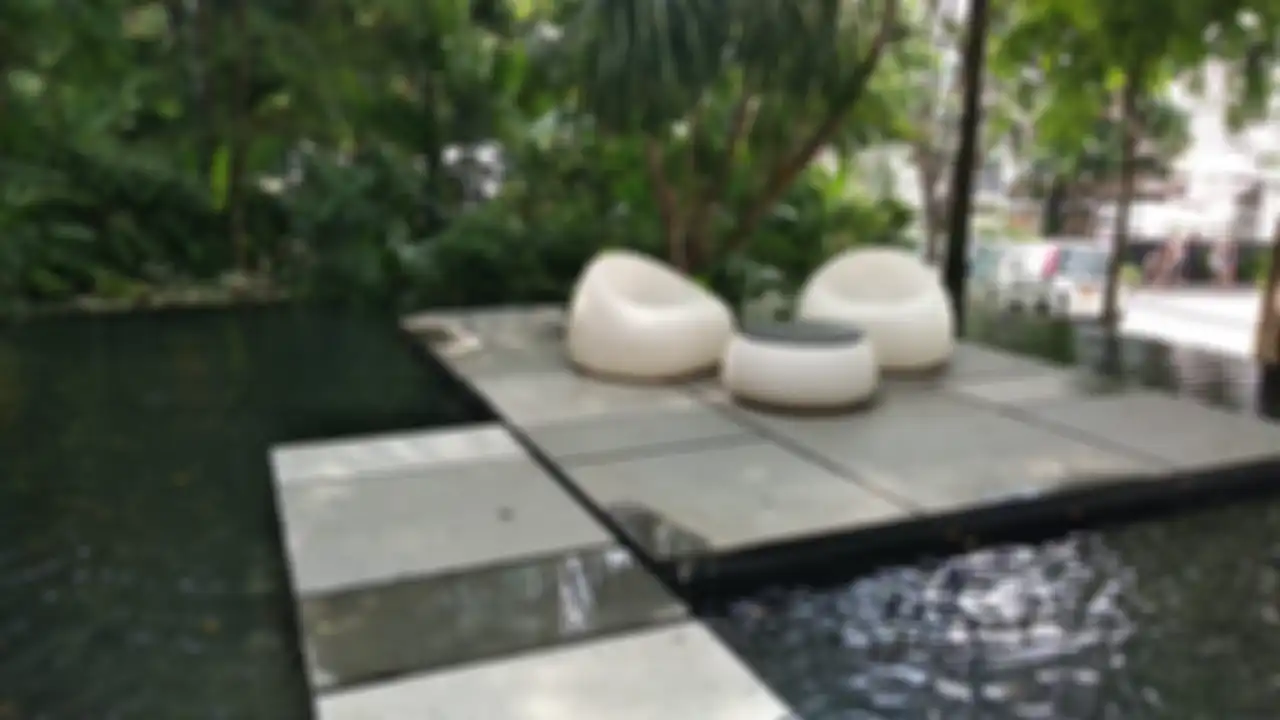 Ilustrasi-Ilustrasi taman kolam dengan dek kayu. 