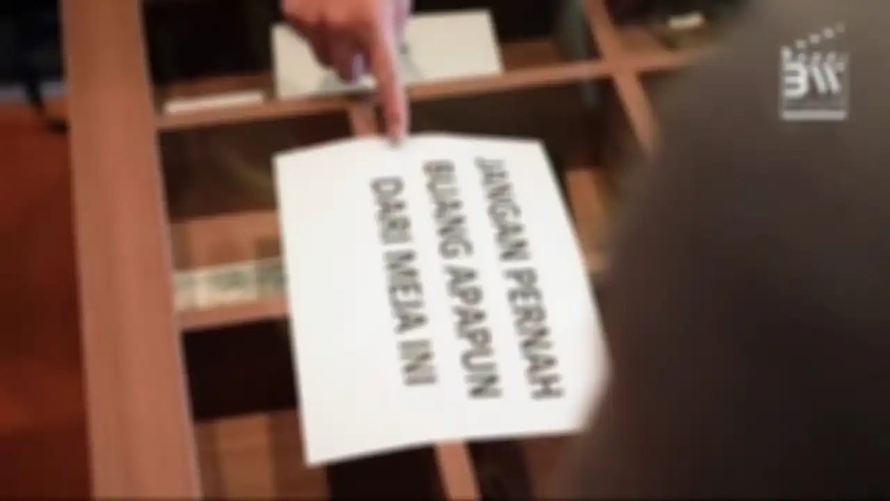 Tulisan jangan buang apapun dari meja ini di apartemen Indra Priawan dan Nikita Willy.