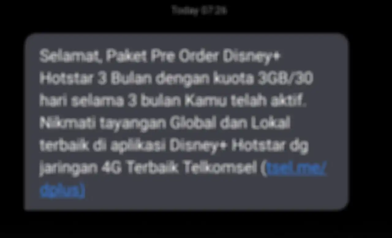 SMS yang menandakan bahwa paket pre order Disney+ kamu sudah aktif