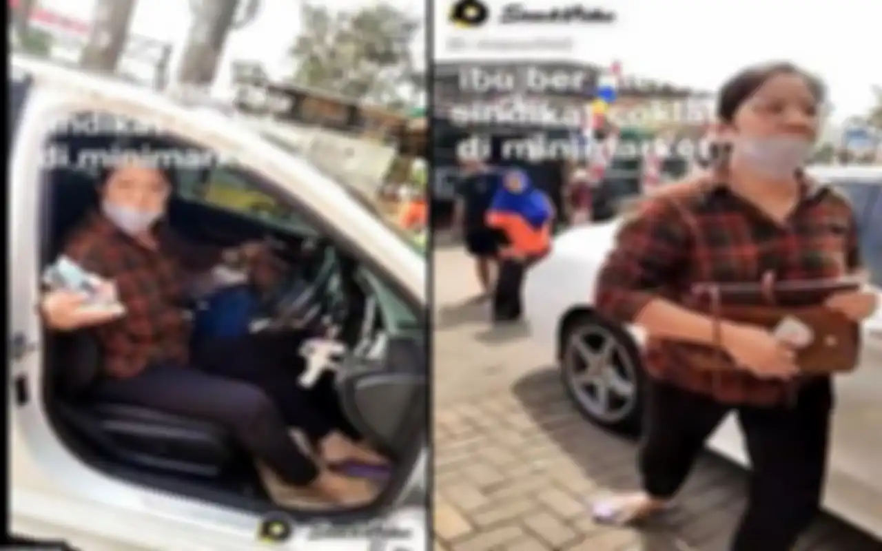 Tangkapan layar emak-emak bermobil Mercy yang ketahuan mencuri cokelat di minimarket Alfamarat