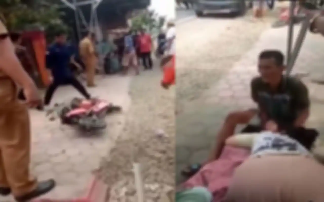tangkap layar kejadian seorang anak kecil pengendara sepeda listrik meninggal dunia ditabrak mobil boks di jalan raya.