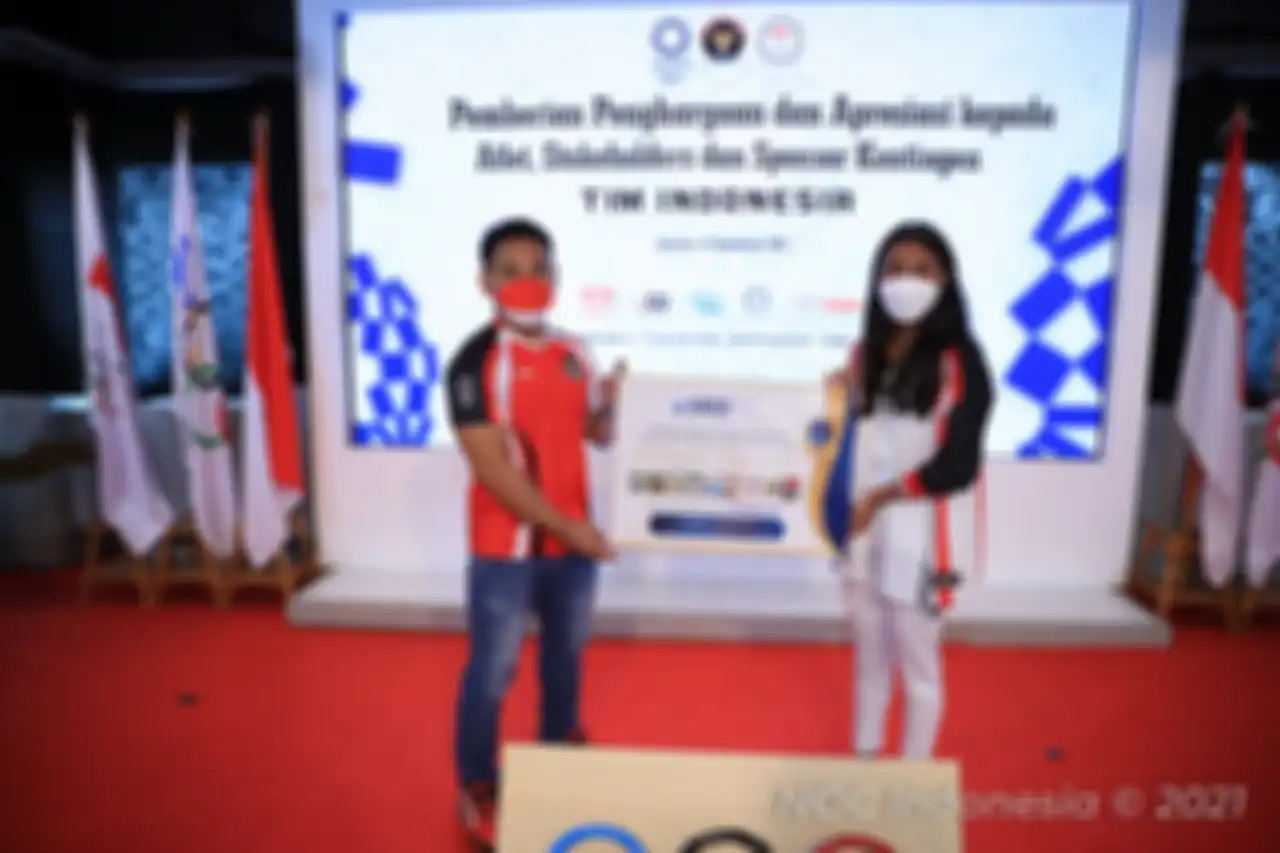 Acara “Pemberian Penghargaan & Apresiasi kepada Atlet, Stakeholder, dan Sponsor Kontingen Indonesia” di Fuction Hall Komite Olimpiade Indonesia, Senayan, Jakarta, Senin 13 September 2021.