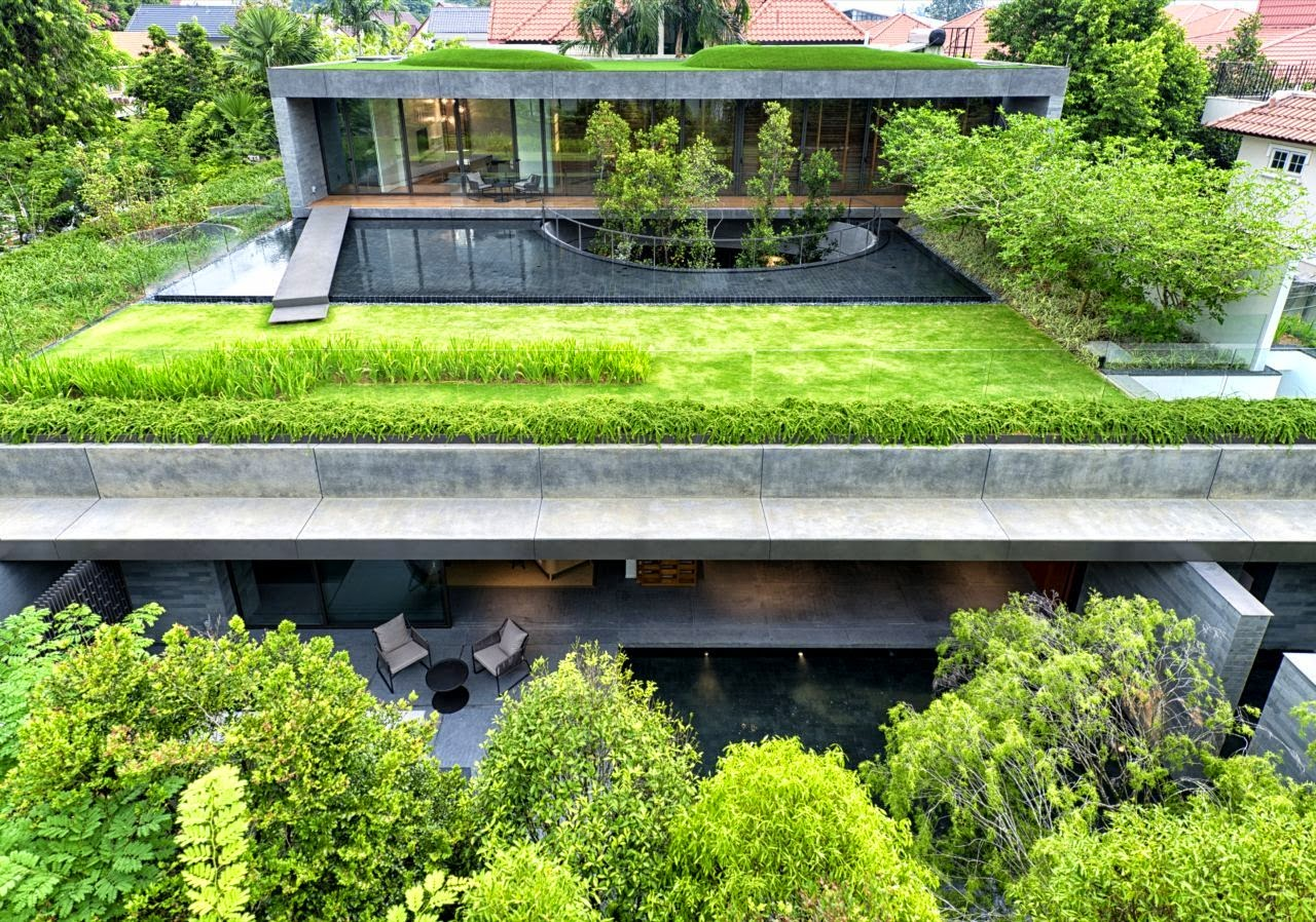 Atap beton bisa dimanfaatkan untuk green roof dengan menamam rumput dan pepohonan.