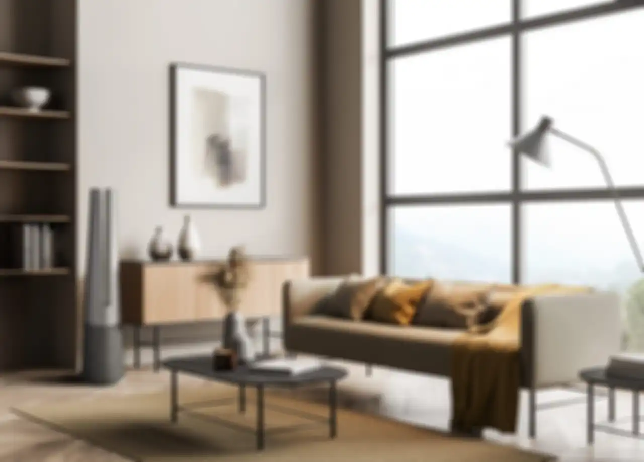 Ilustrasi penempatan LG PuriCare AeroTower Air Purifying Fan di ruang keluarga. 