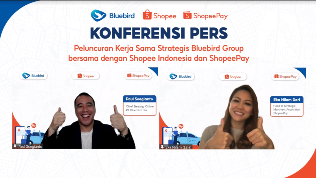 Konferensi pers kolaborasi Bluebird dan ShopeePay, Senin (23/8).