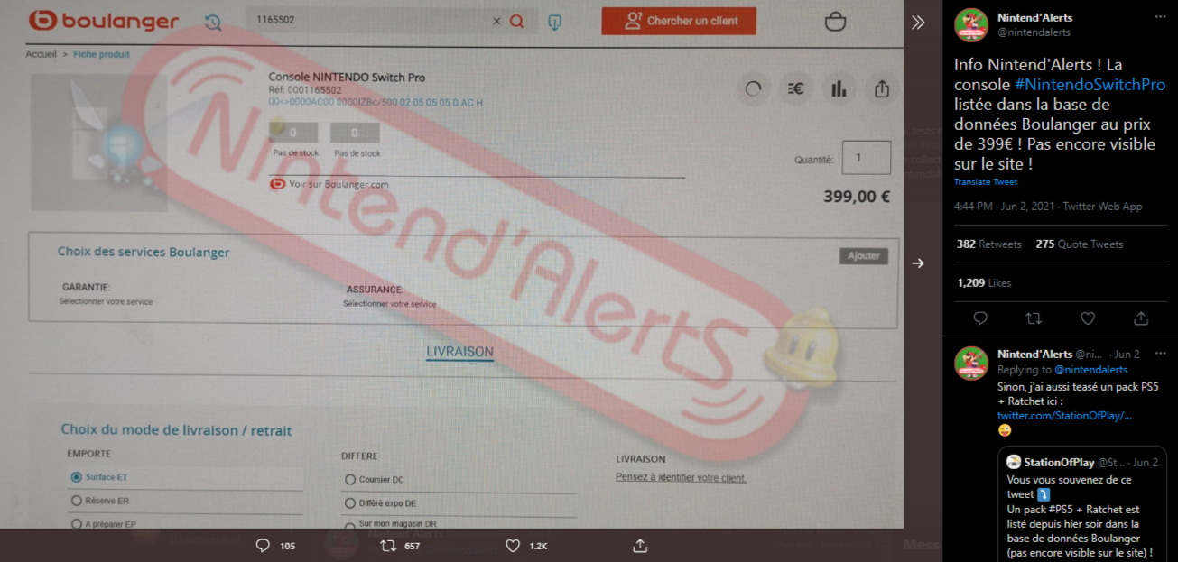 Screenshot harga Nintendo Switch Pro yang ada di website internal Boulanger
