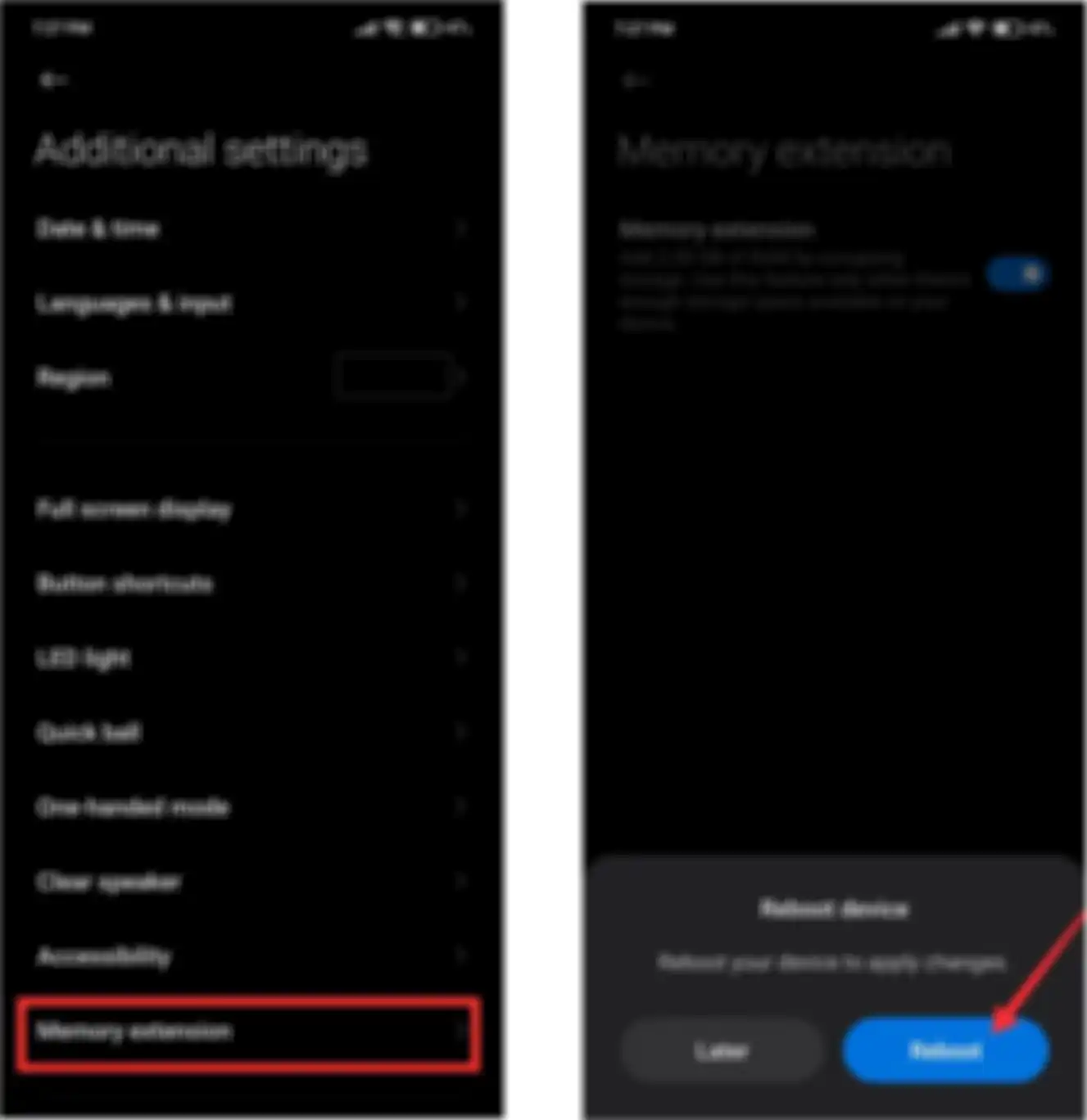 Tombol Memory Extension dan Reboot