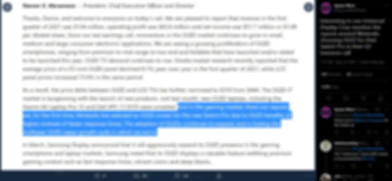 Postingan akun Twitter leaker Spawn Wave yang memperlihatkan rangkuman pernyataan dari CEO Universal Display Corporation terkait keterlibatan mereka dalam pembuatan layar OLED Nintendo Switch Pro