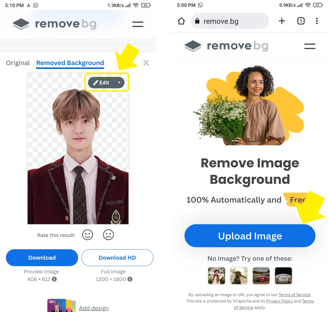 Tombol Upload Image dan Edit untuk menambah background merah dan background biru pada foto SNPMB 2023. 