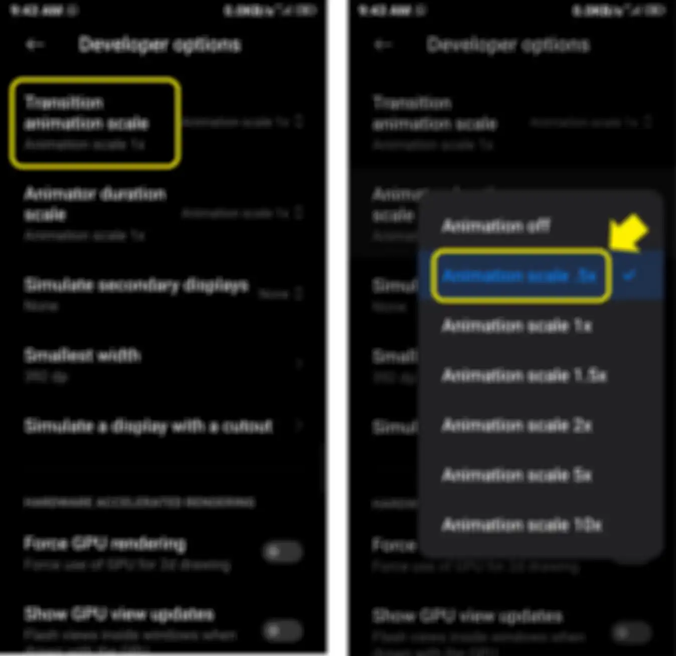 Skala animasi di Opsi developer hp Xiaomi.