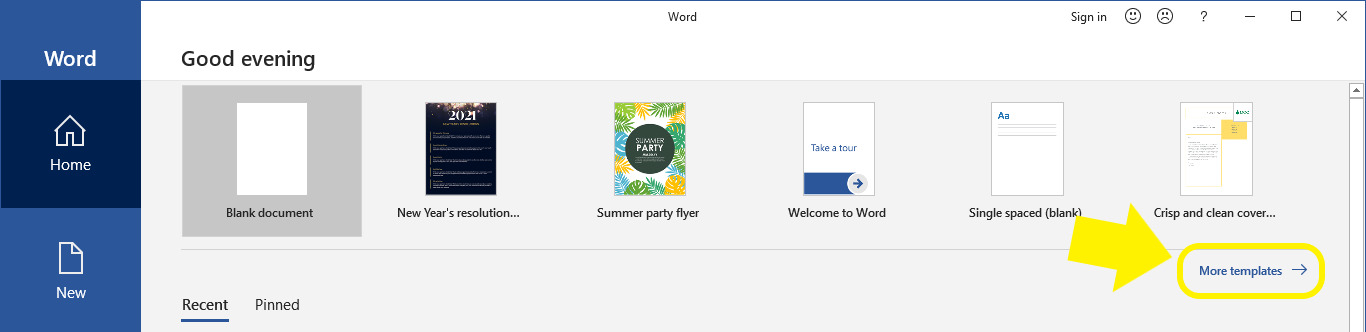Pilihan More templates pada template Microsoft Word