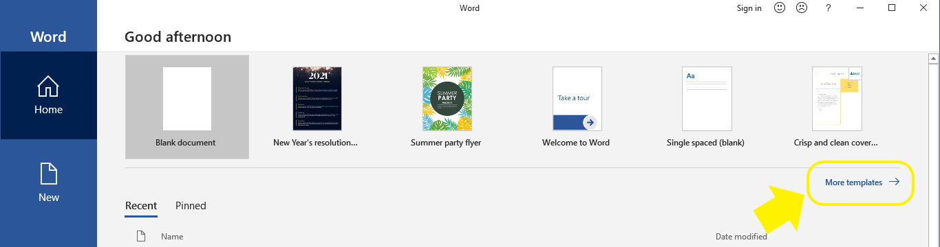 Pilihan More template di Microsoft Word