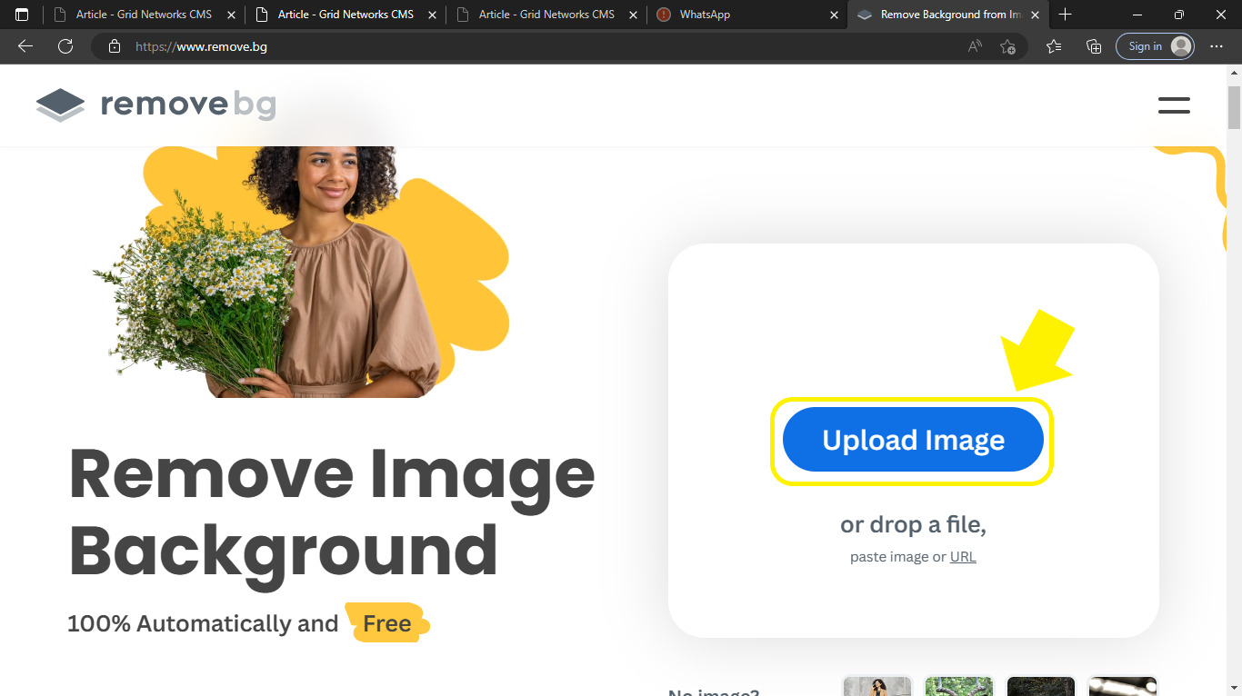 Tombol Upload Image di situs Remove.bg