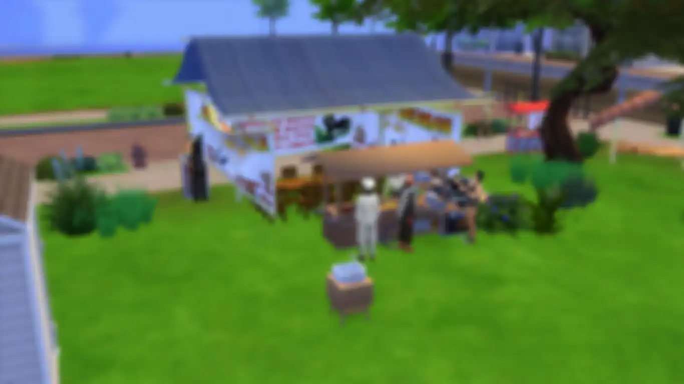 Gerobak dan berbagai macam ornamen khas warung pecel lele dibuat dalam versi game The Sims 4