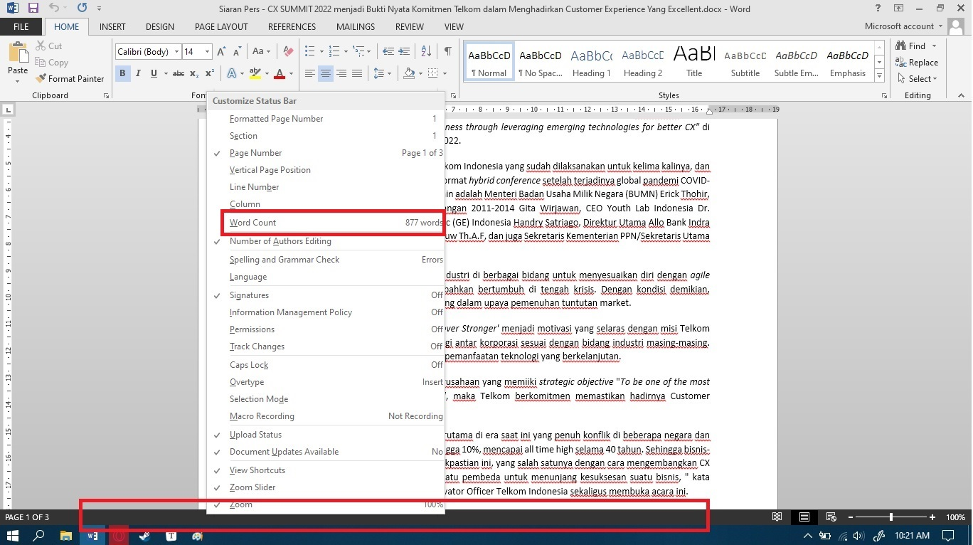 Cara melihat jumlah kata di Microsoft Word
