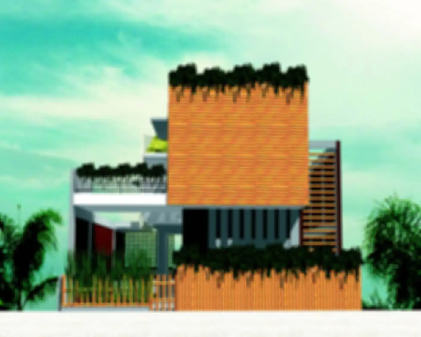 Fasad rumah menggunakan secondary skin dari bambu.