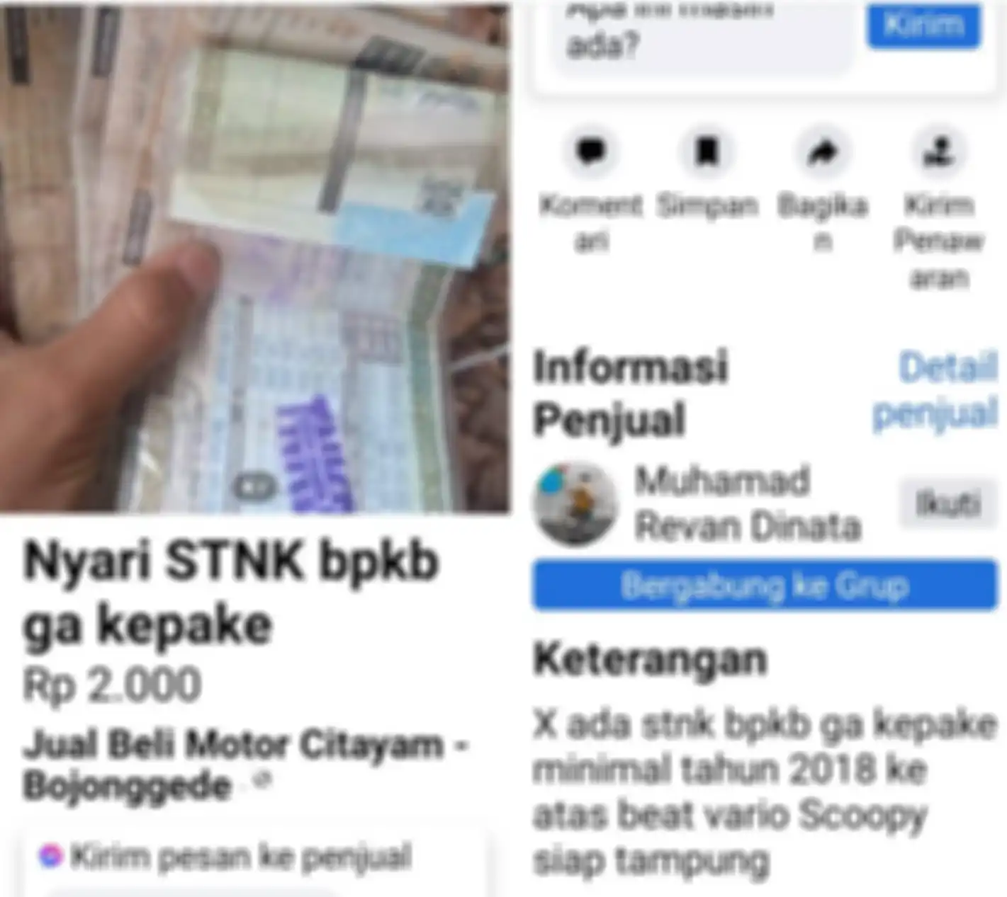 Iklan pencarian STNK bekas yang akan dibeli kembali