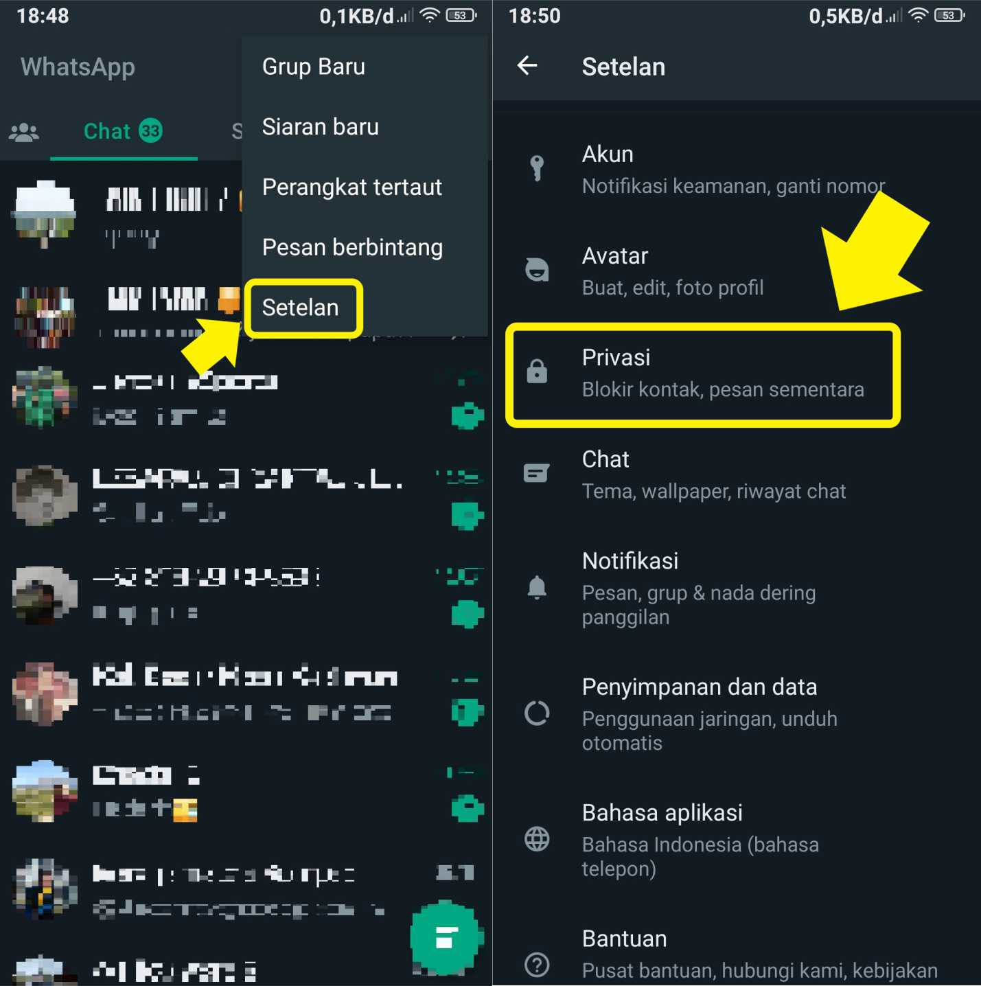 Menu Setelan dan pilihan Privasi di WhatsApp