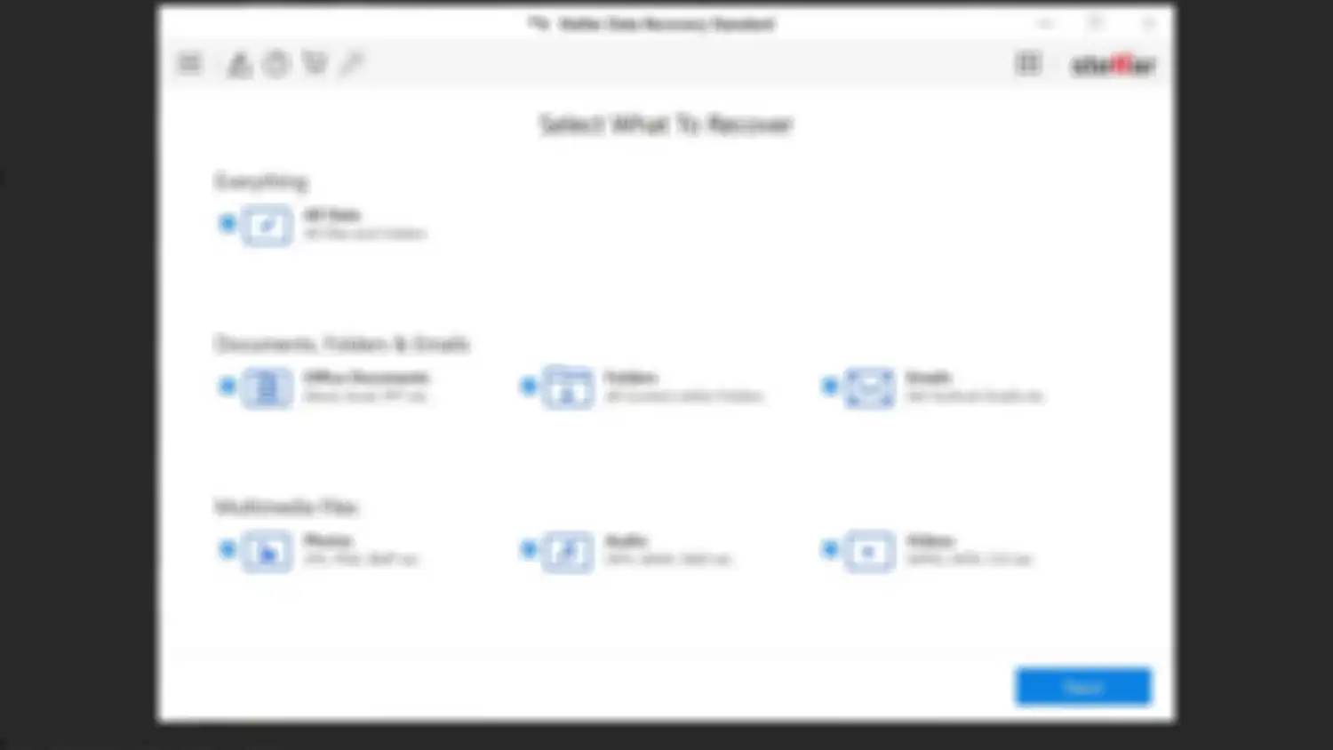Setelah Anda menginstal Stellar Data Recovery, layar pembuka memungkinkan Anda untuk memilih jenis file data yang ingin Anda cari dan pulihkan untuk mempercepat proses.