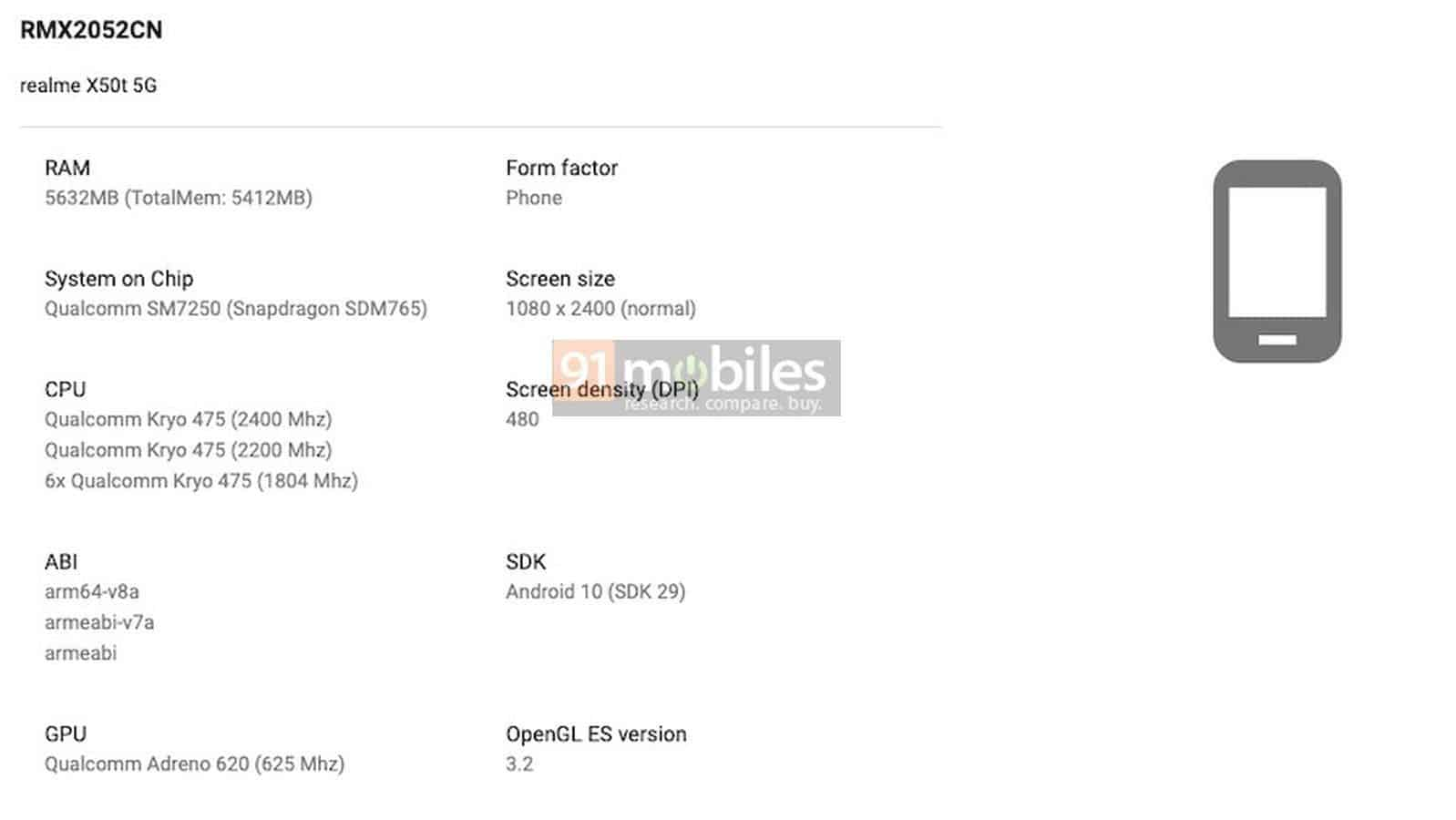 Bocoran spek realme X50T di Google Play Console.