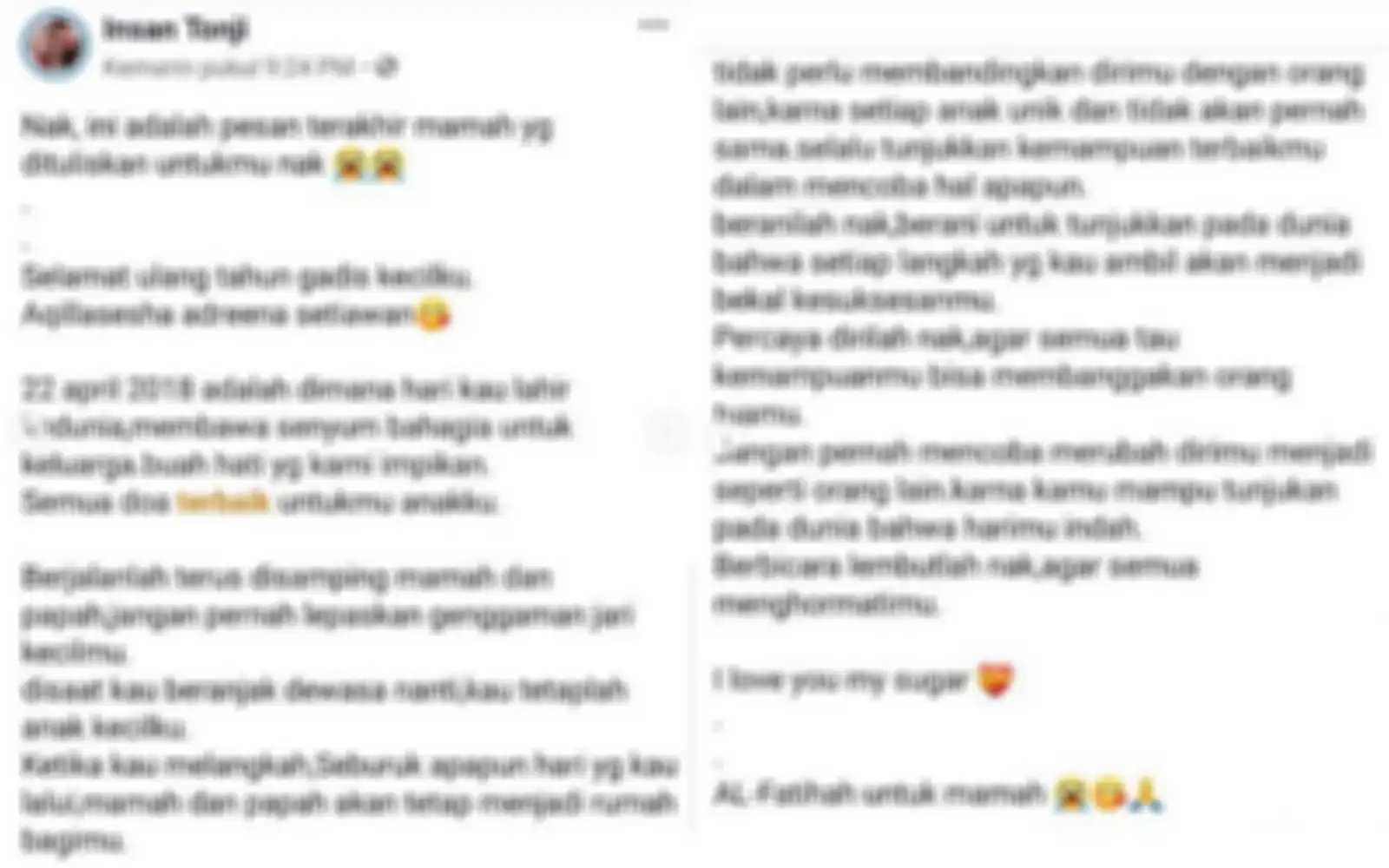 pesan terakhir fani untuk putrinya Aqeela.