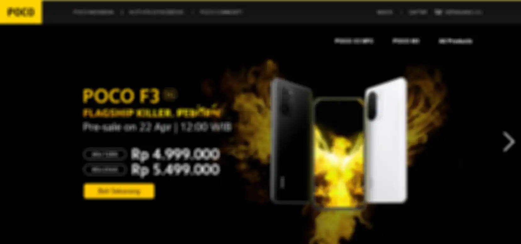 Tangkapan layar situs resmi POCO Indonesia yang akan mengadakan sistem pre-order POCO F3 pada tanggal 22 April 2021 besok.