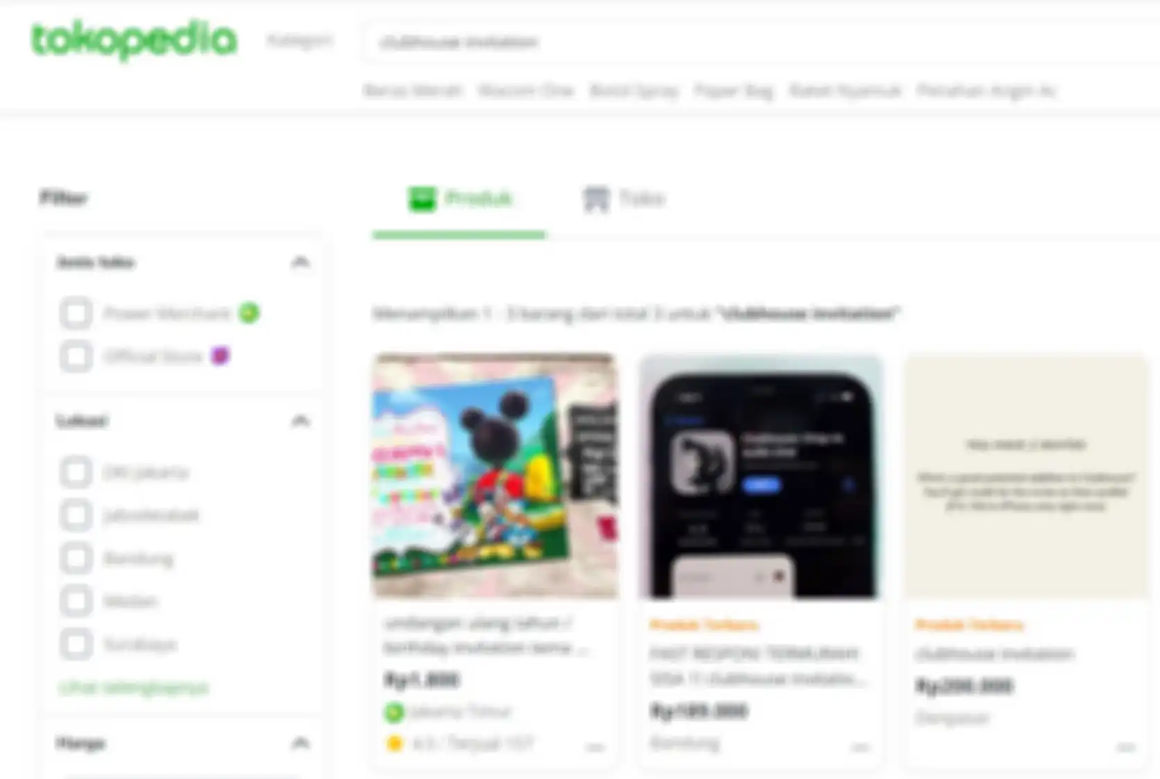 Penjual link undangan Clubhouse di Tokopedia