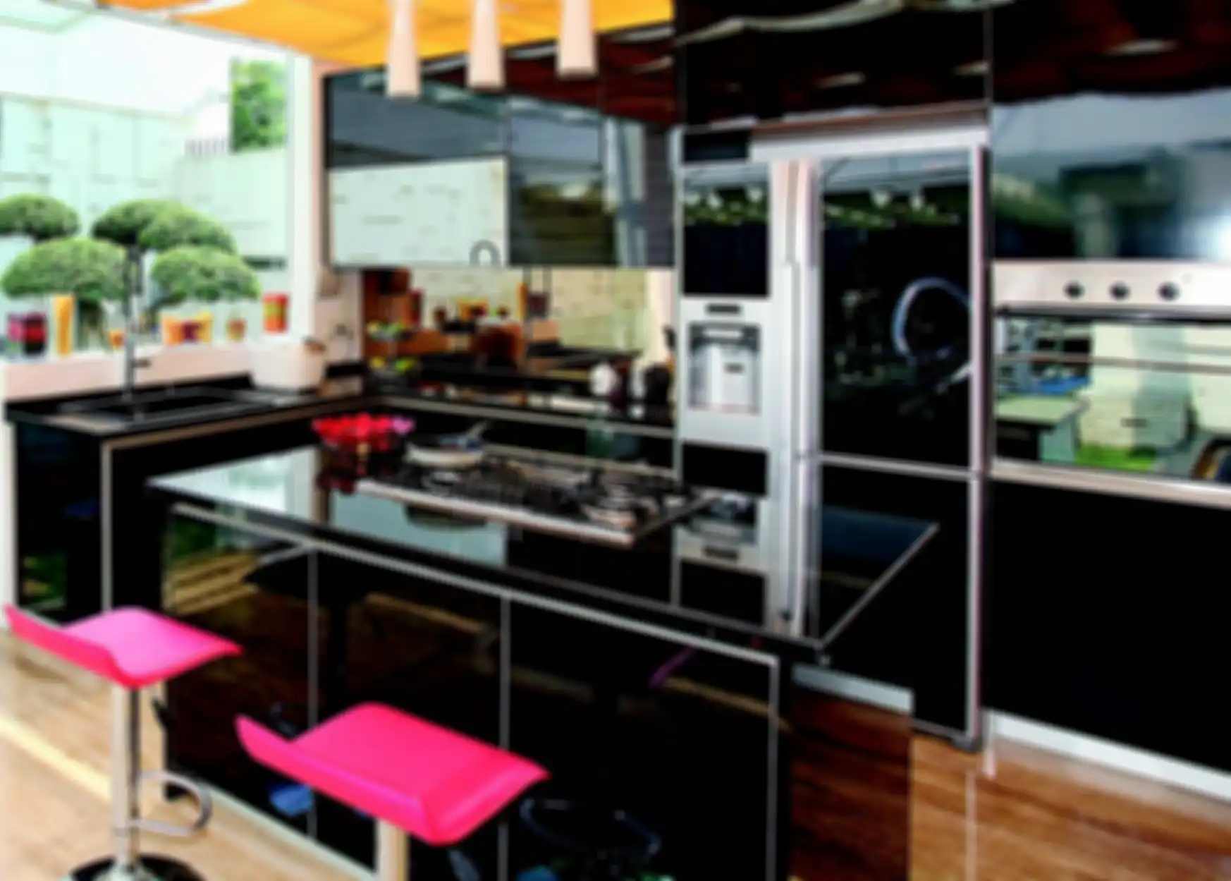 Kabinet dari MDF fin. HPL;  Atap: kaca tempered; dan Tabletop: solid surface.
