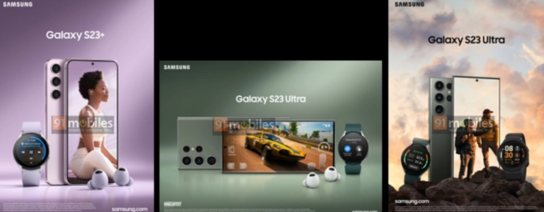 Poster iklan Samsung Galaxy S23 Series yang bocor di internet dan perlihatkan warna khas dari masing-masing model