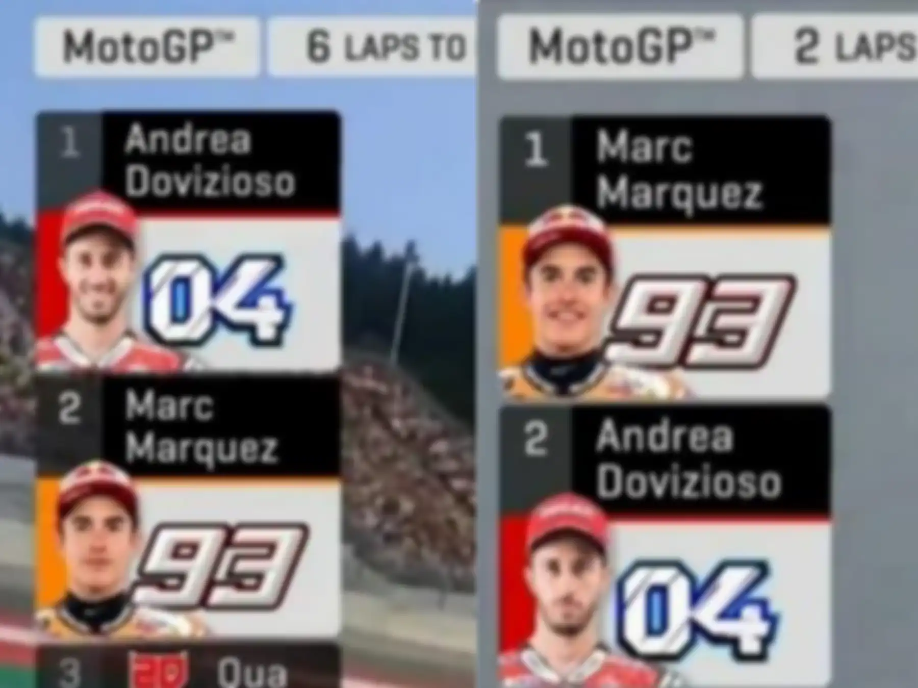 Foto kiri Andrea Dovizioso tersenyum saat mimpin dan kanan gantian Marc Marquez yang tersenyum.