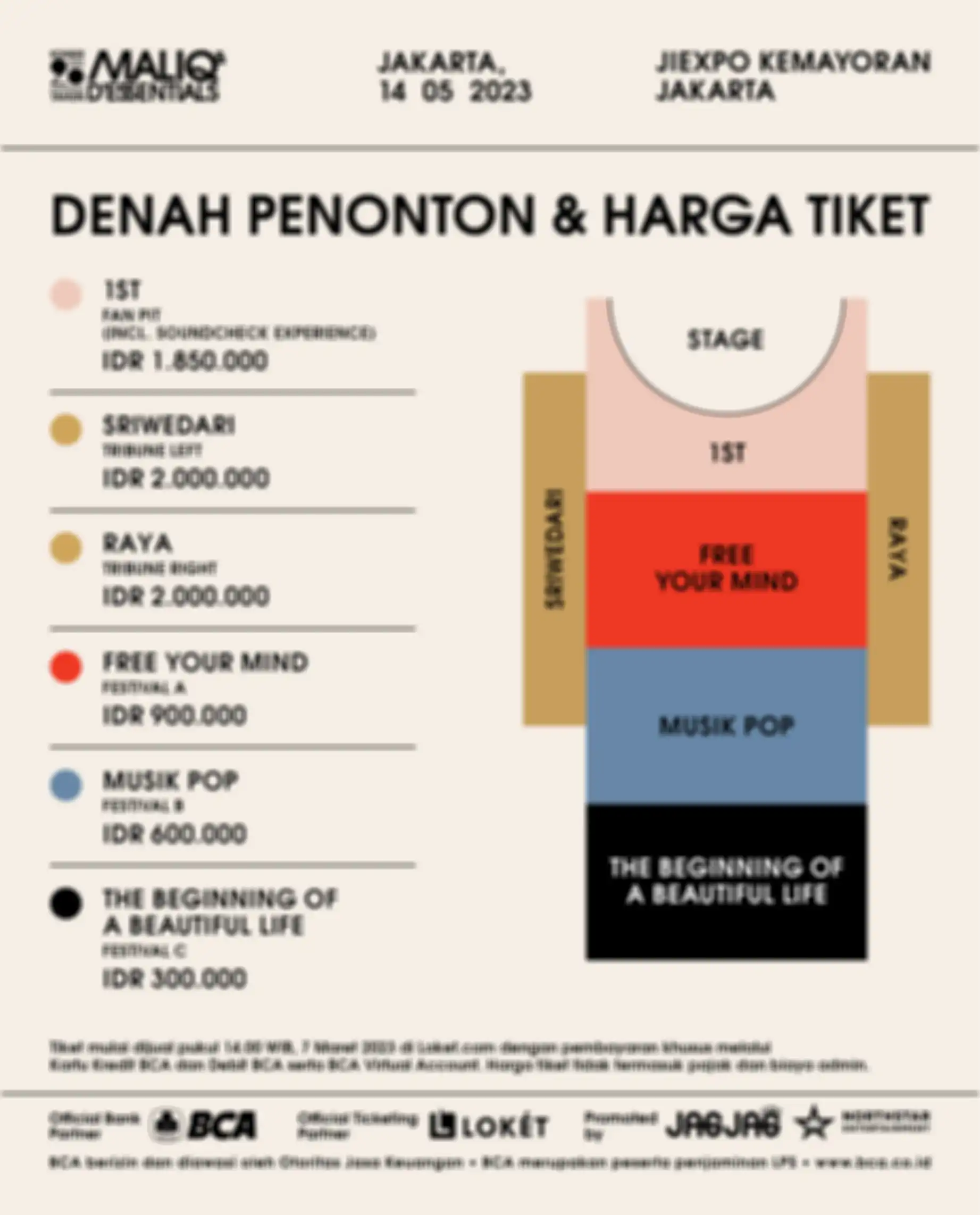 Seatplan dan harga tiket Konser 20 Tahun MALIQ & D’Essentials di JIExpo Kemayoran, Jakarta pada 14 Mei 2023 mendatang.