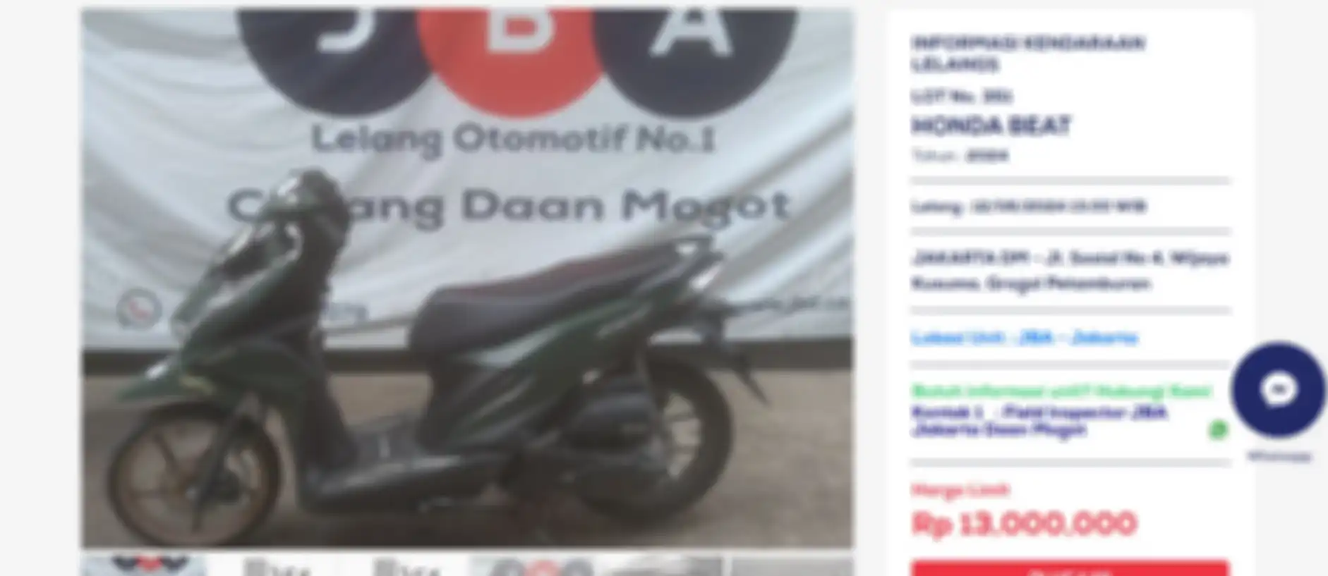 Informasi lelang motor murah Honda BeAT 2024 Rp 13 juta.