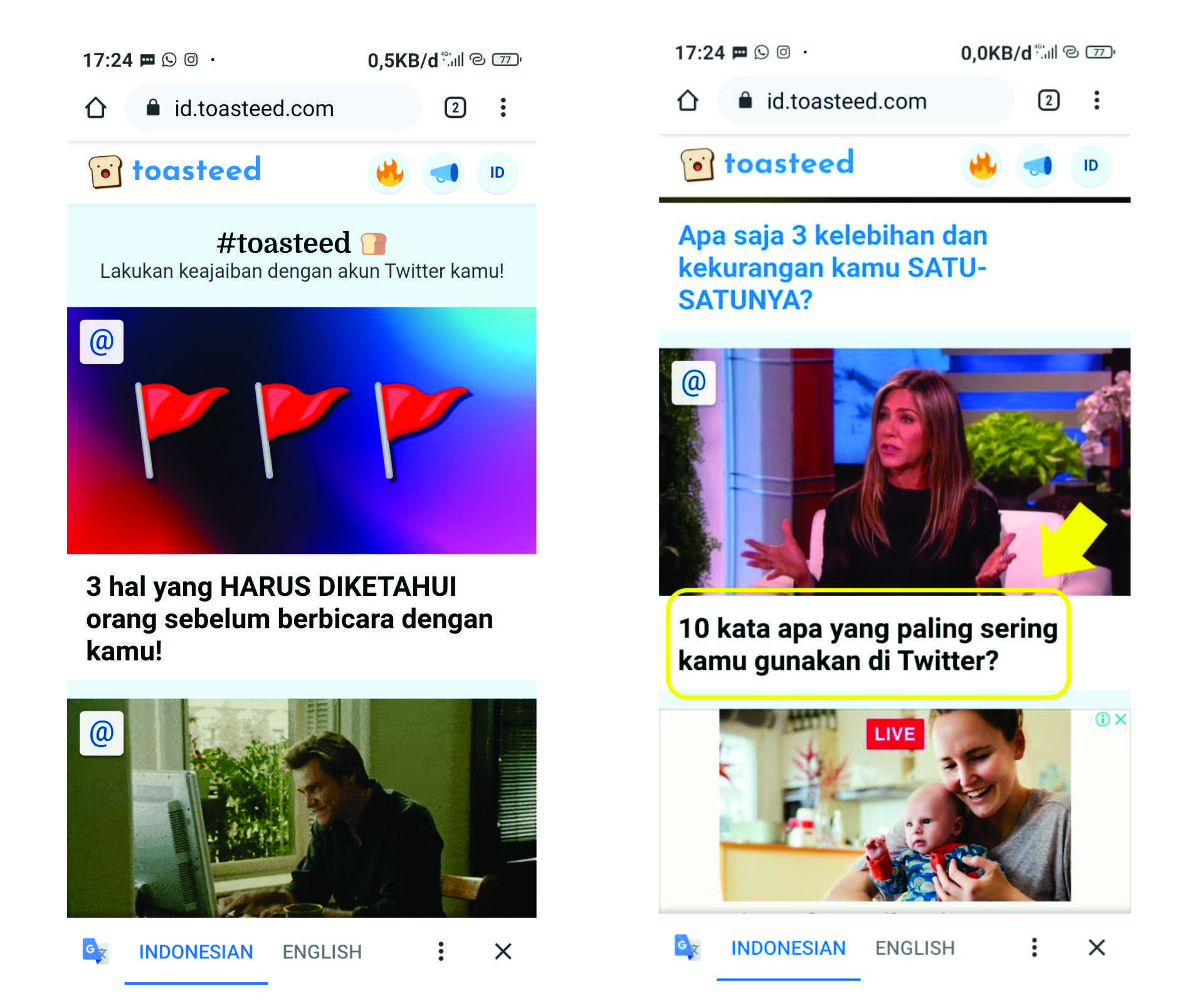 Halaman depan tosted.com dan pilihan 10 kata apa yang paling sering kamu gunakan di Twitter