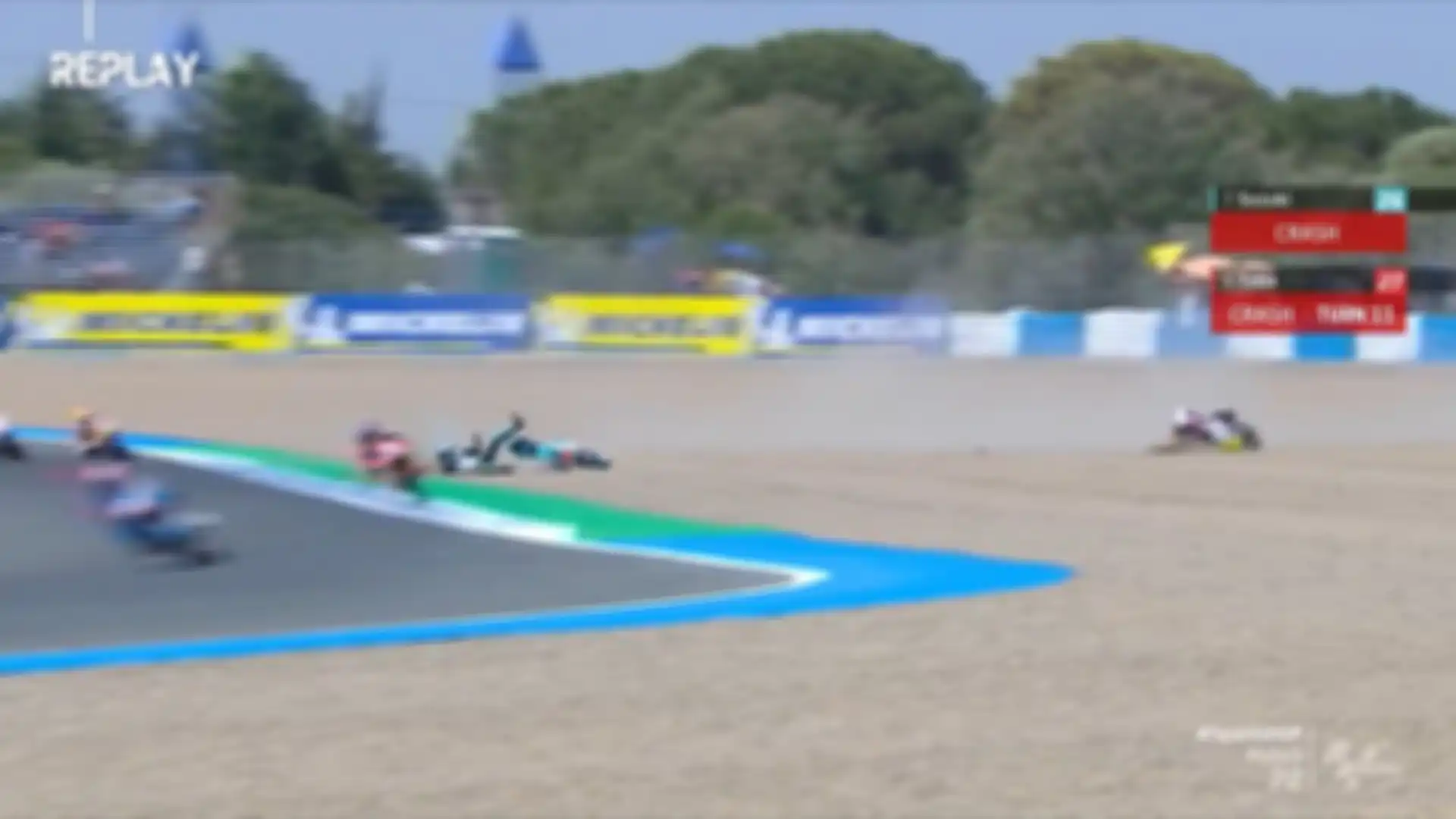 Dua pembalap Moto3, Tatsuki Suzuki (Leopard Racing) dan Kaito Toba (SIC58 Squadra Corse) crash di tikungan 11 saat FP2 berlangsung.