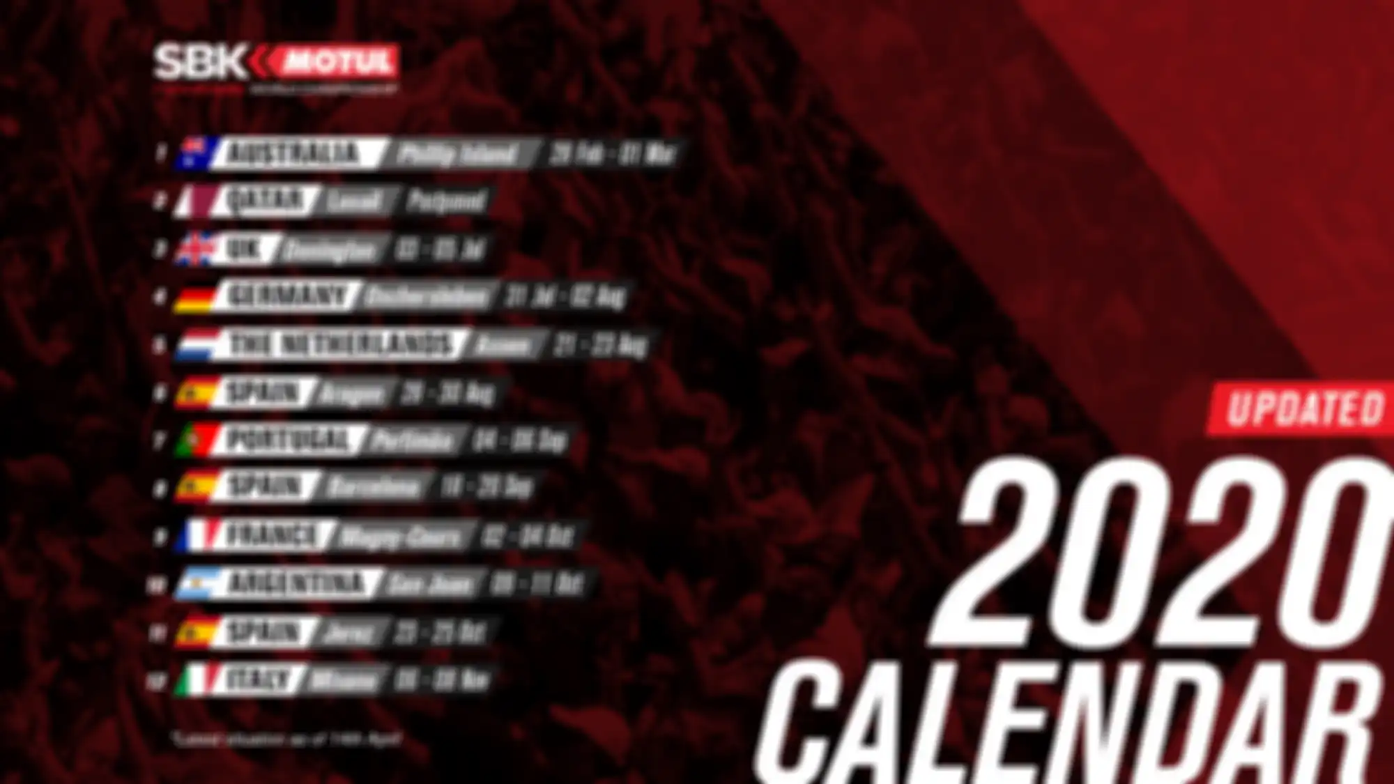Kalender WSBK 2020 terbaru di mana ronde Italia di Imola dibatalkan dan WSBK Belanda dan Aragon digeser ke akhir Agustus hanya berselang sepekan