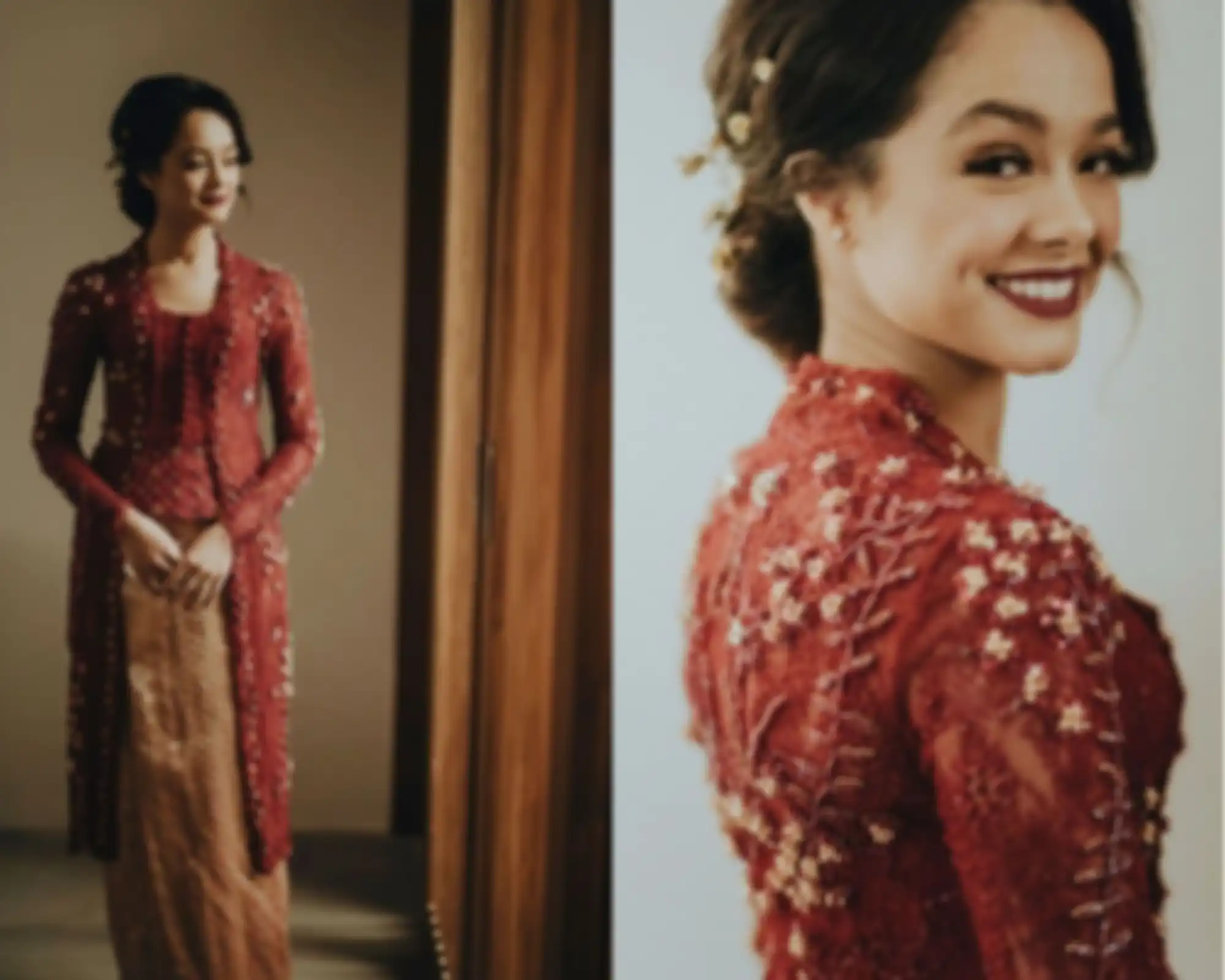 Mutiara tampil anggun dalam balutan kebaya kutubaru berwarna merah maroon dan bawahan songket emas.