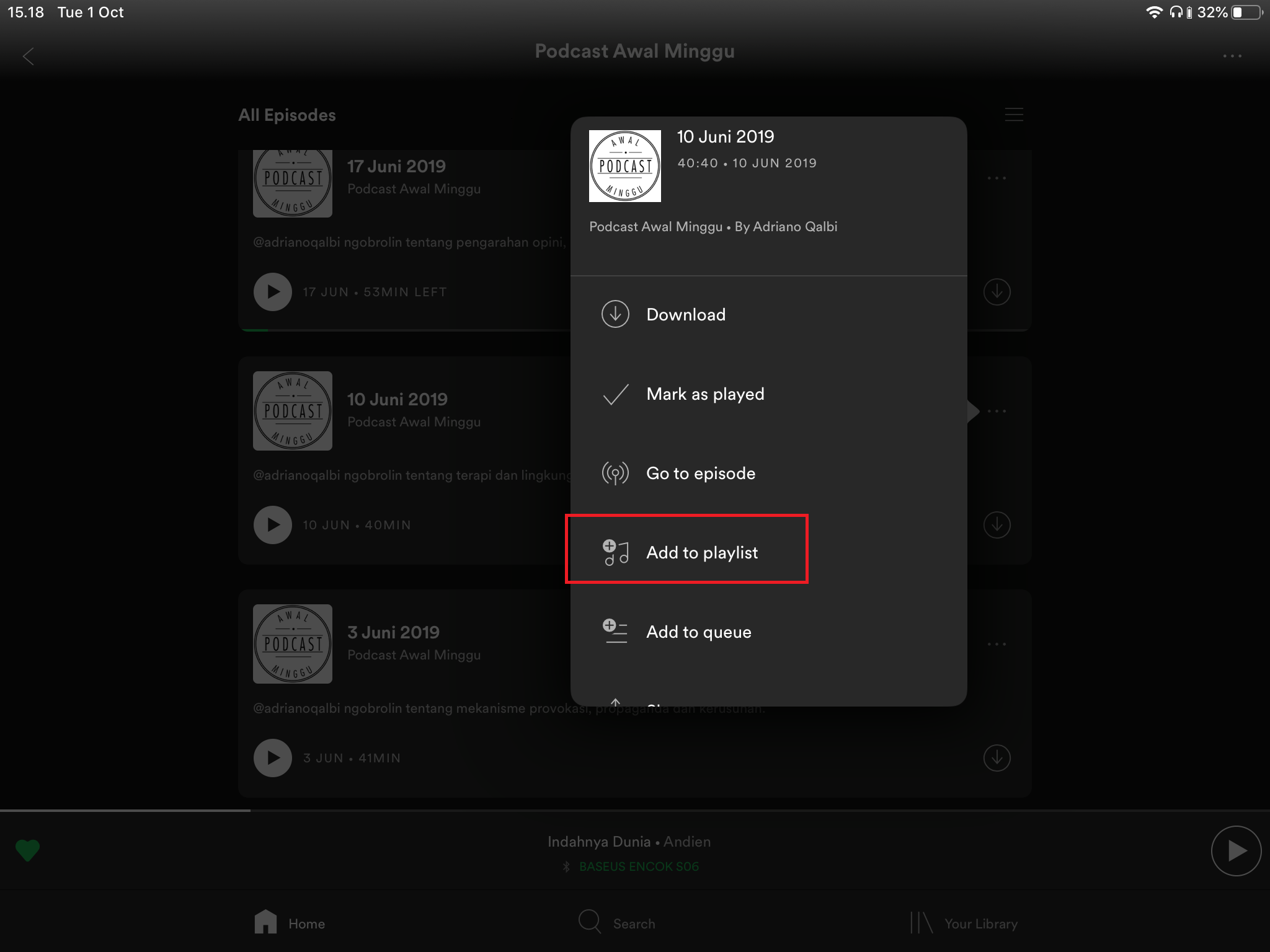 Menu tambahkan ke playlist