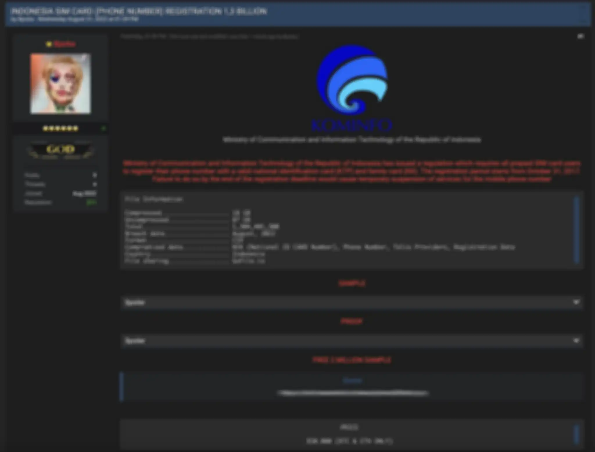 Unggahan hacker Bjorka yang menjual data pengguna operator seluler Indonesia milik Kominfo