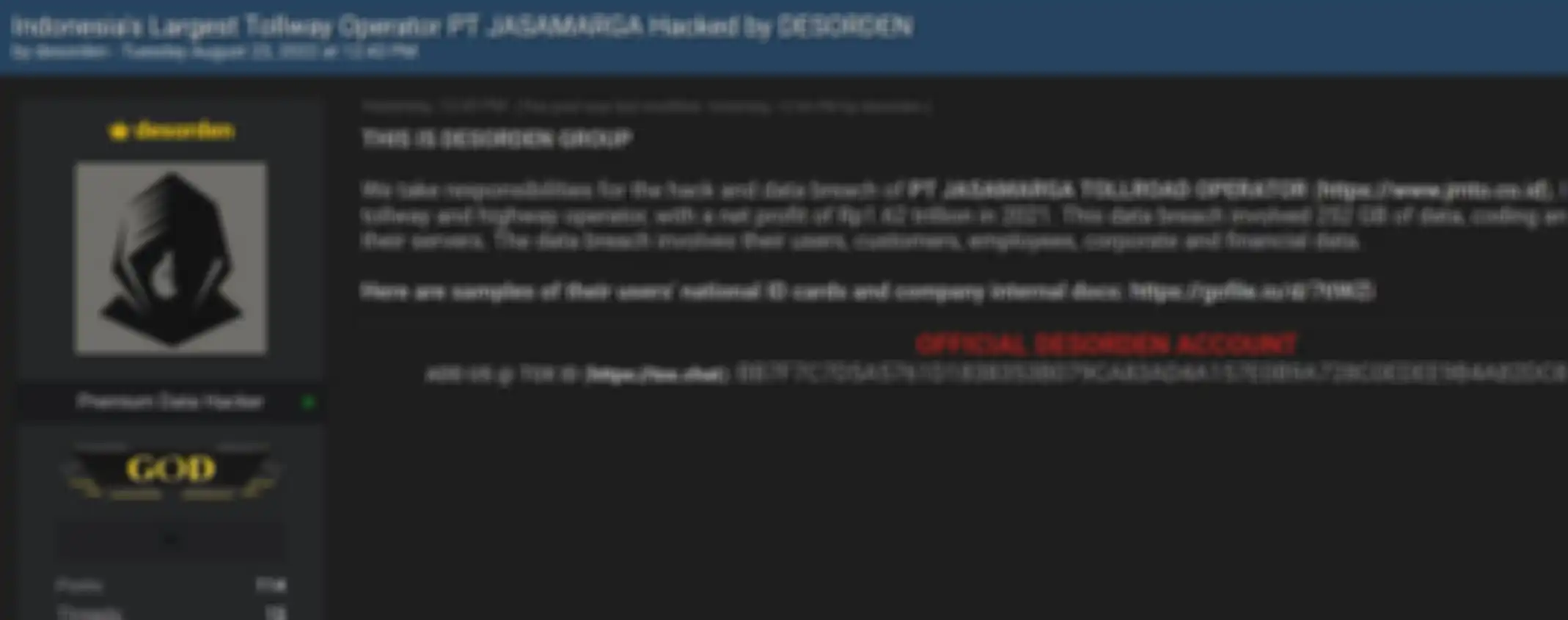 Tangkapan layar postingan hacker yang mengklaim bobol 5 server data PT Jasa Marga.
