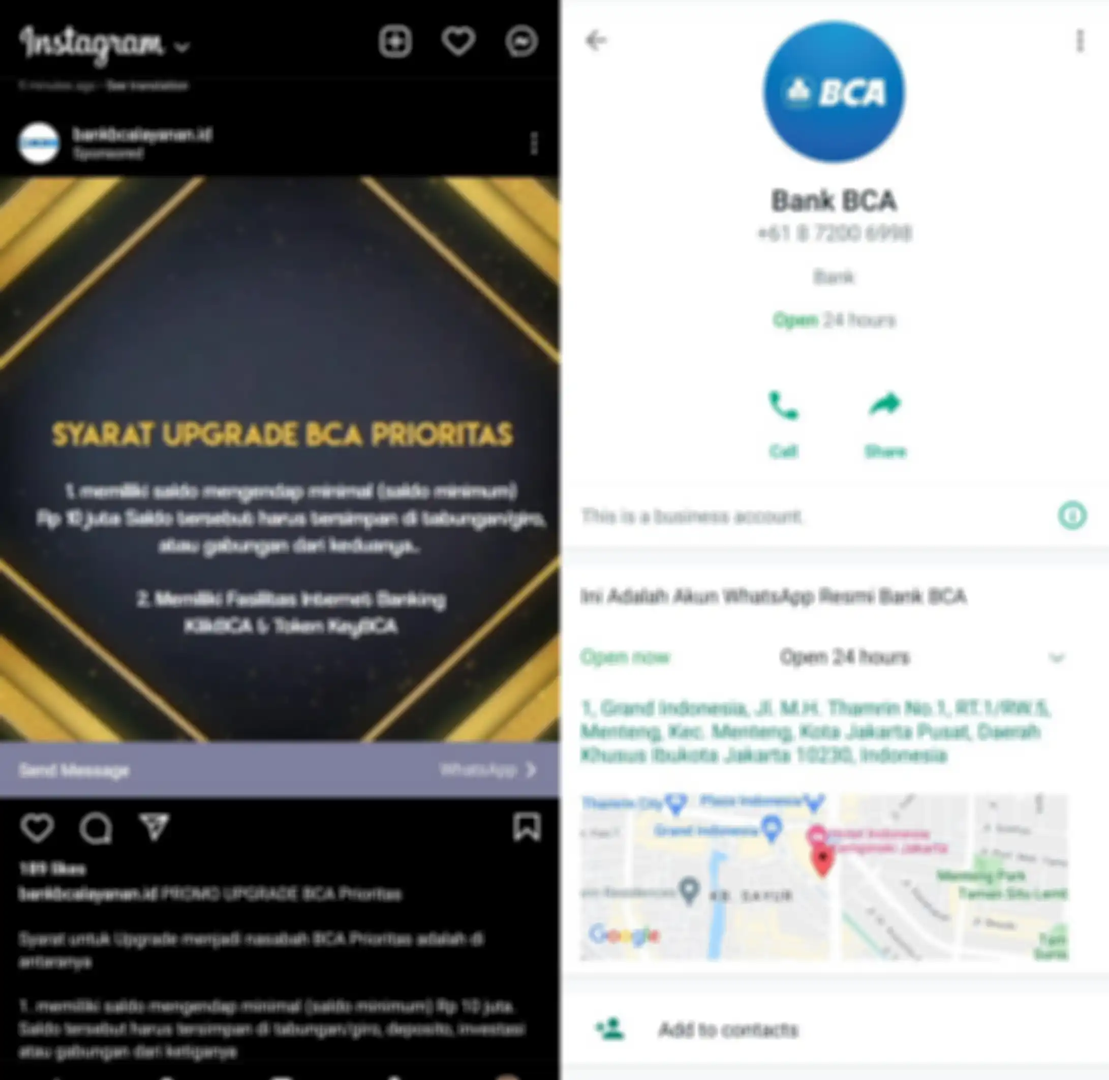 iklan penipuan di instagram dan nomor penipu bank BCA