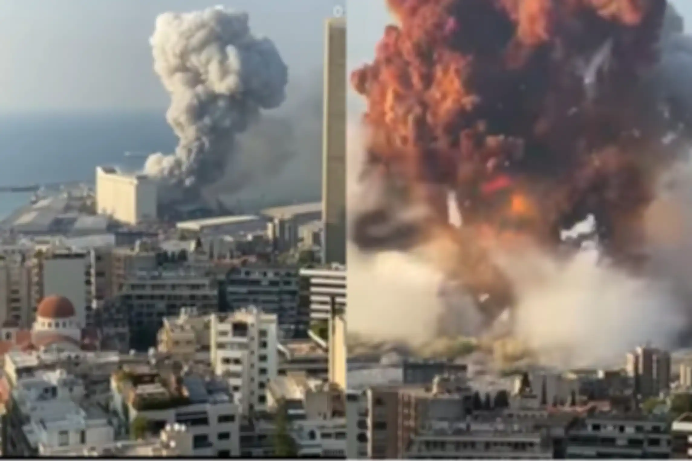 Asap membubung tinggi saat ledakan yang terjadi di Beirut, Lebanon.
