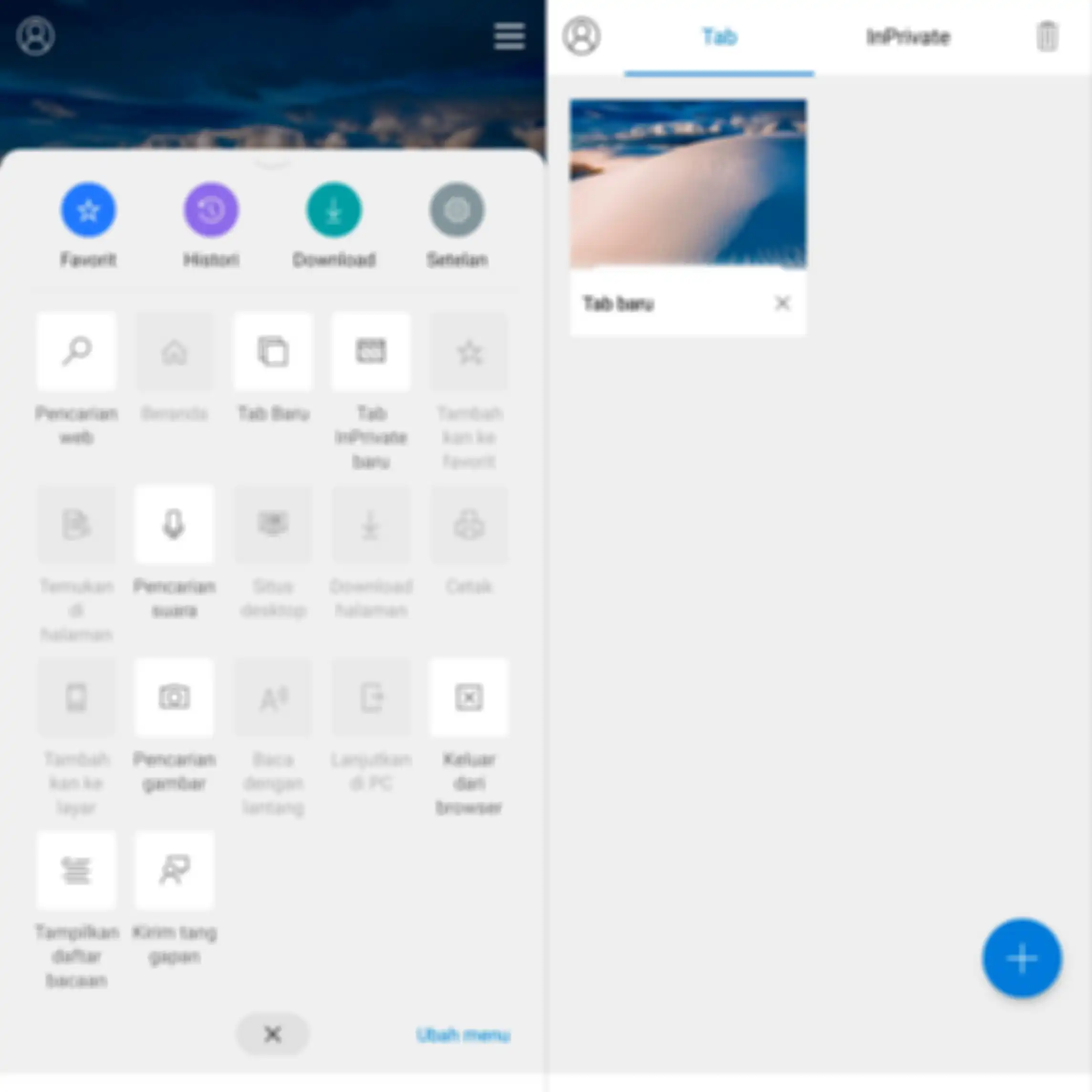 Beberapa menu fitur yang ada di Microsoft Edge untuk Android.