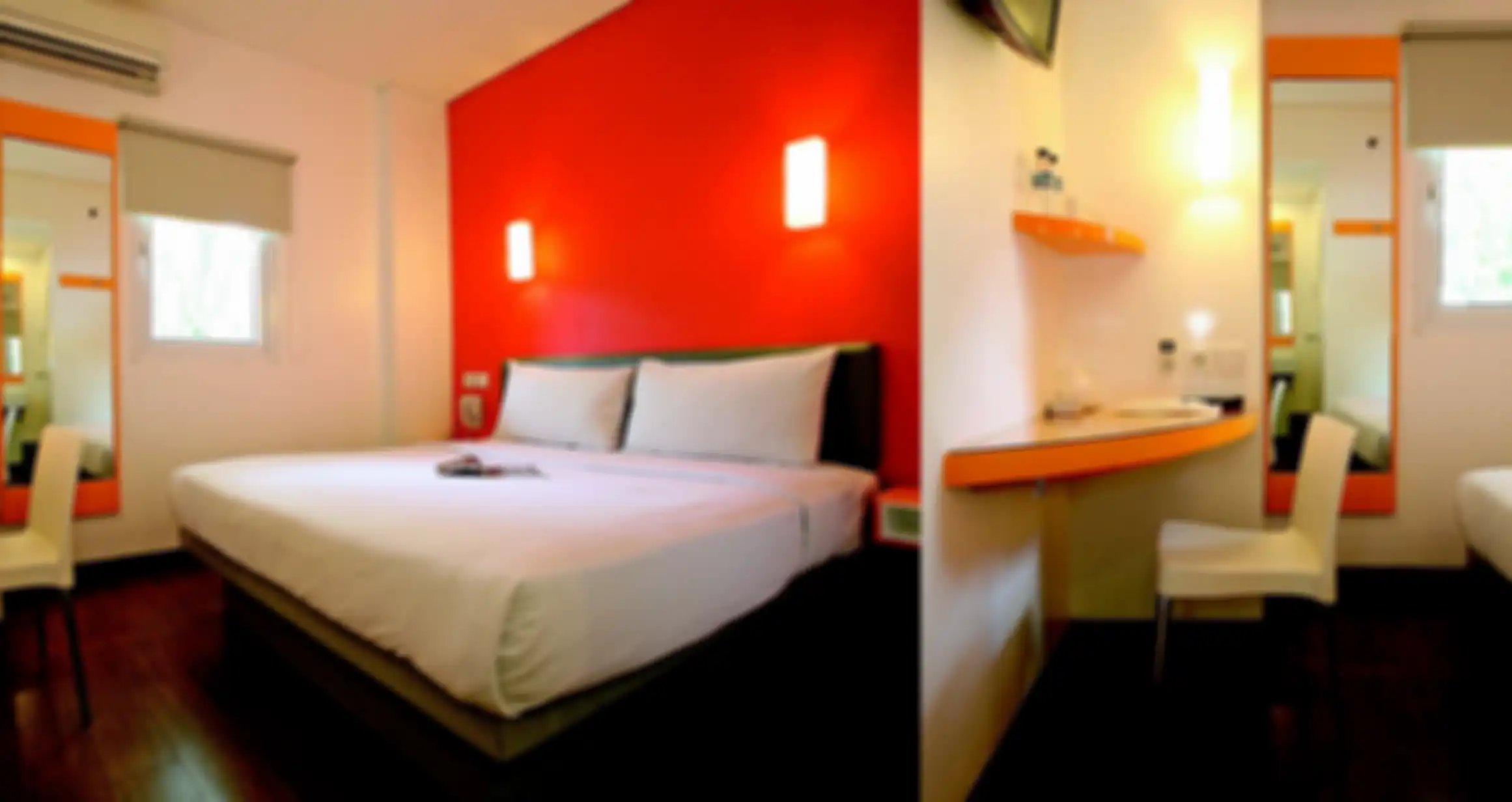Warna merah sebagai aksen, selebihnya warna lembut yang menenangkan di kamar tidur.