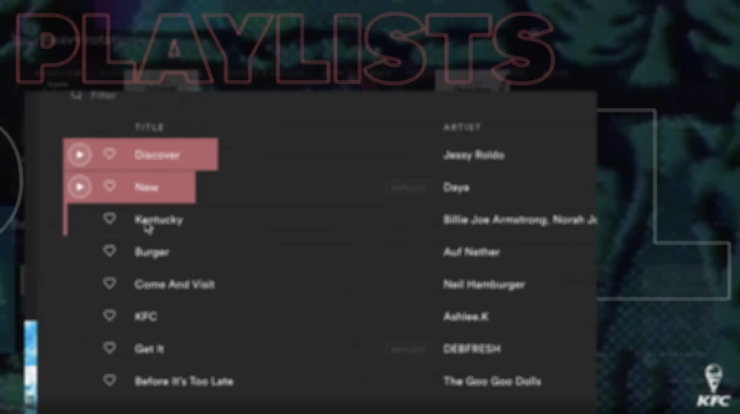 Playlist Spotify yang berderet membentuk sebuah kalimat iklan KFC.